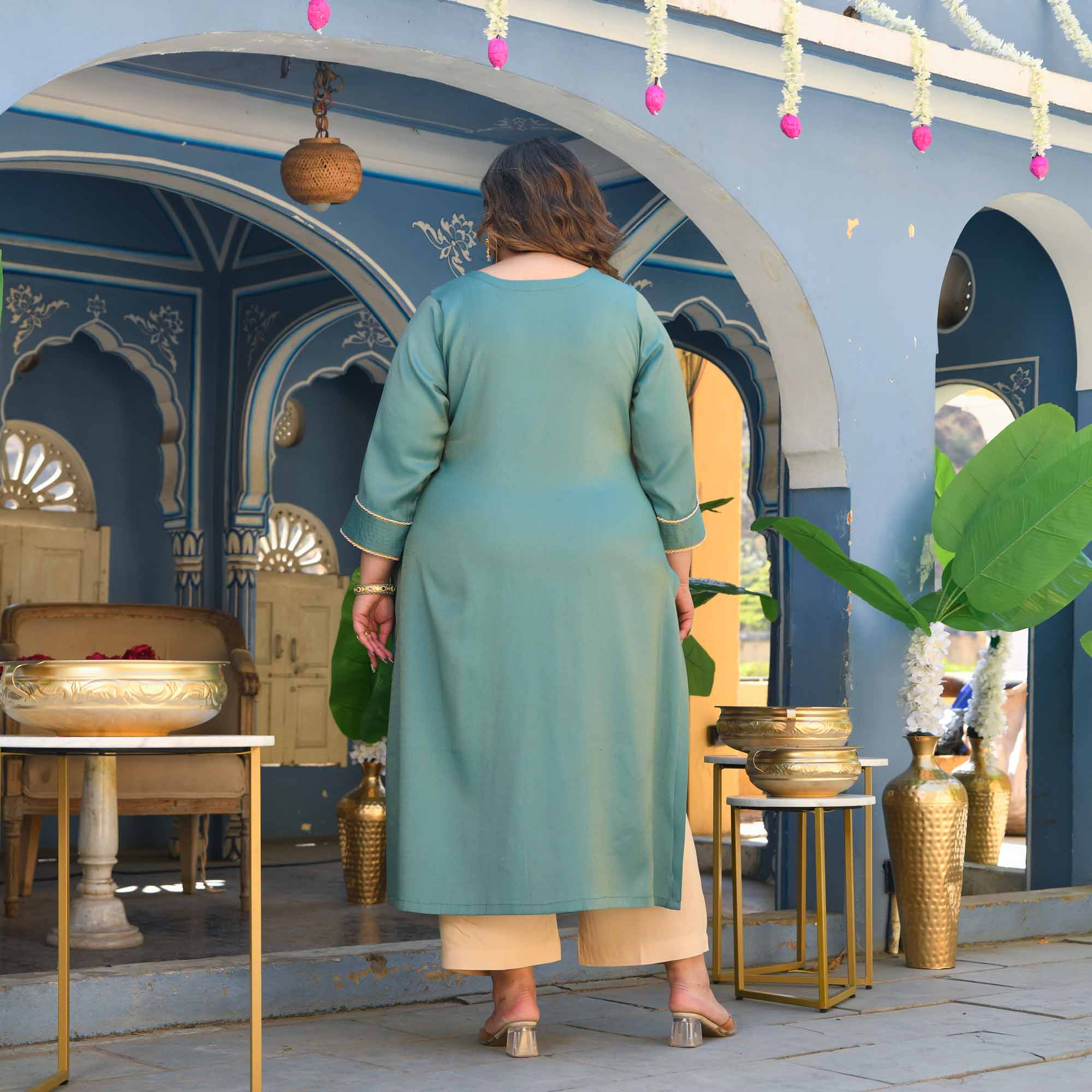 Icy- Turquoise Viscose Tissue A-line Pleated Kurta