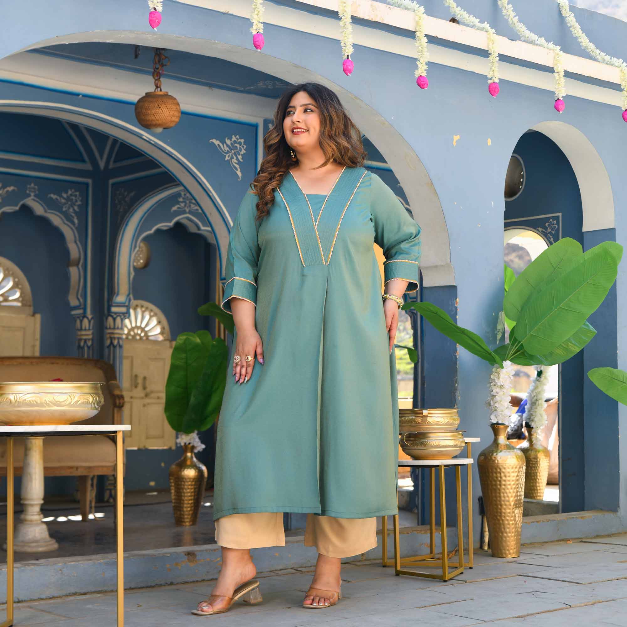 Icy- Turquoise Viscose Tissue A-line Pleated Kurta
