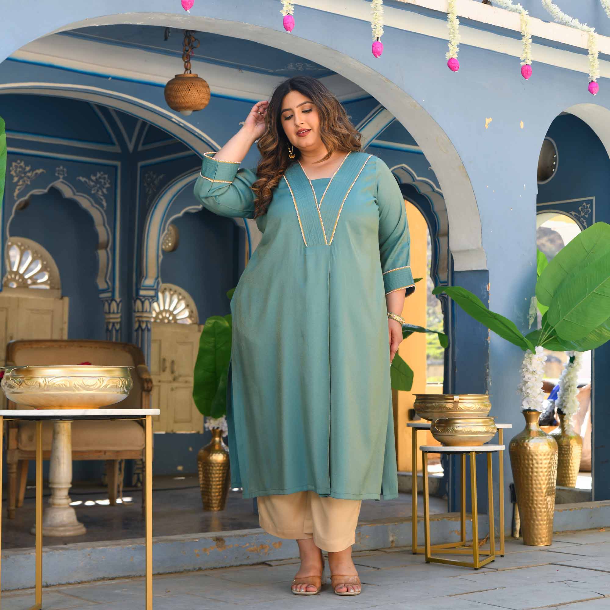 Icy- Turquoise Viscose Tissue A-line Pleated Kurta
