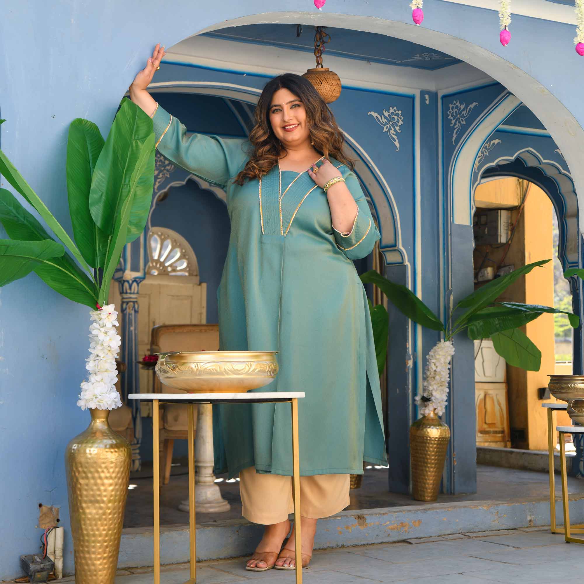 Icy- Turquoise Viscose Tissue A-line Pleated Kurta