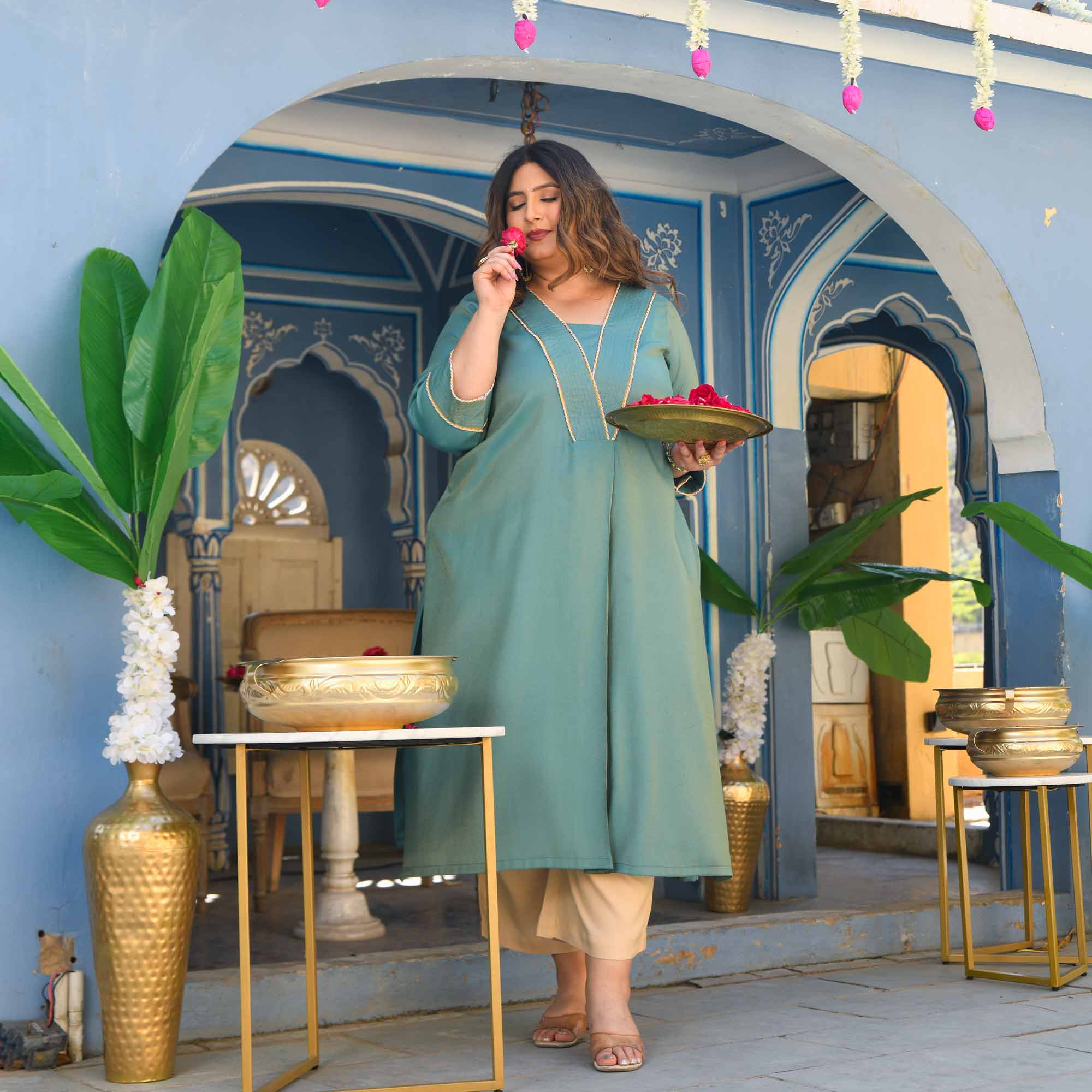Icy- Turquoise Viscose Tissue A-line Pleated Kurta