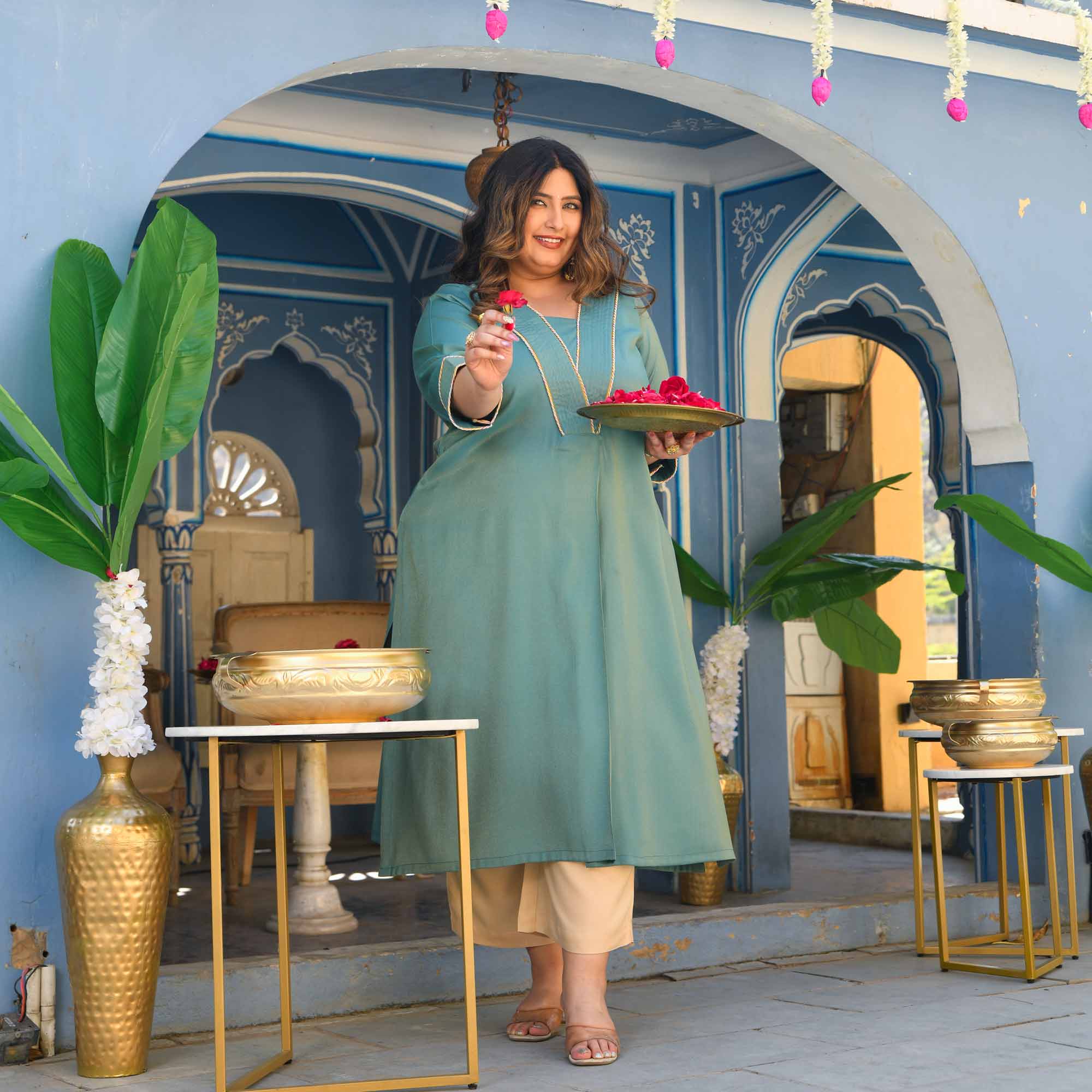 Icy- Turquoise Viscose Tissue A-line Pleated Kurta