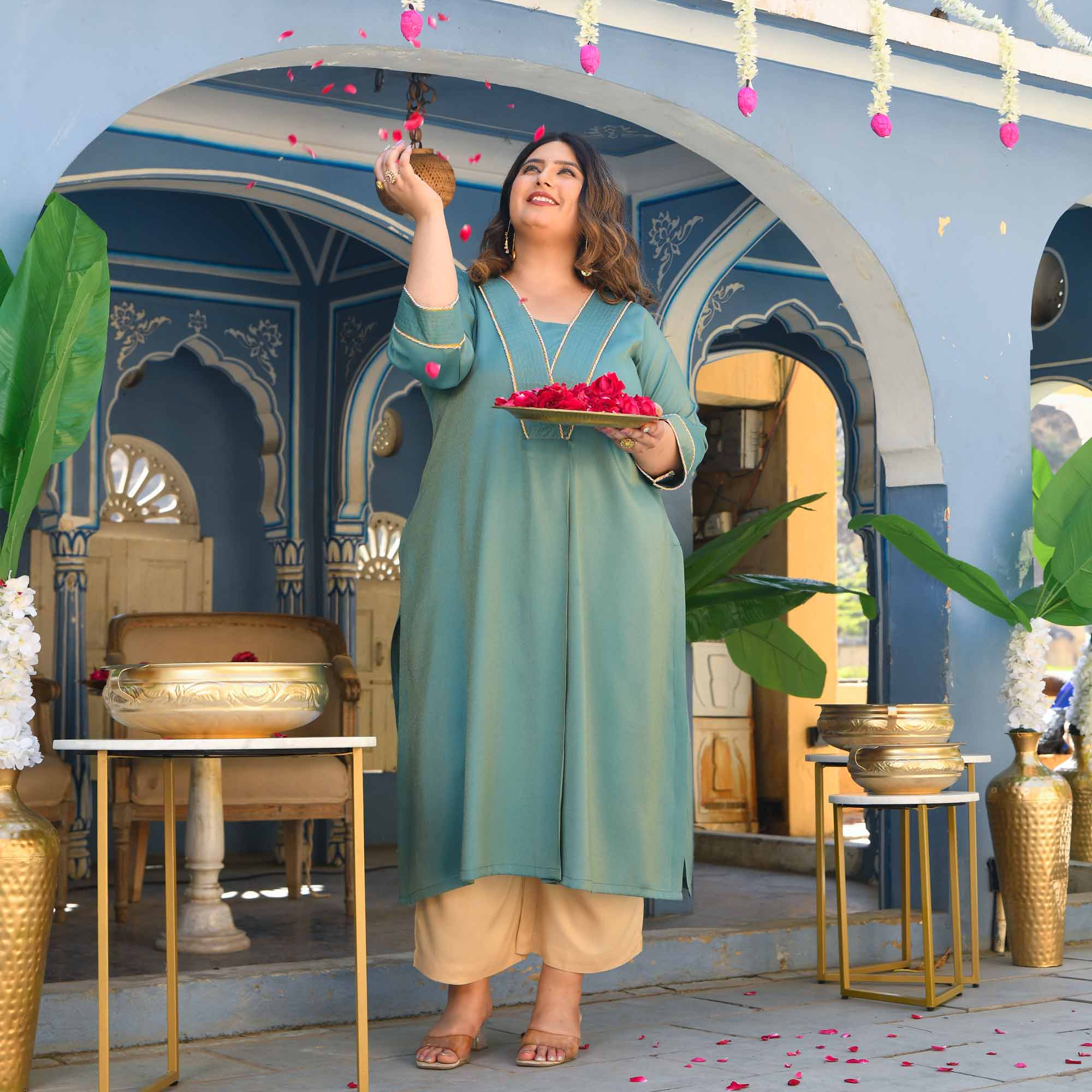 Icy- Turquoise Viscose Tissue A-line Pleated Kurta