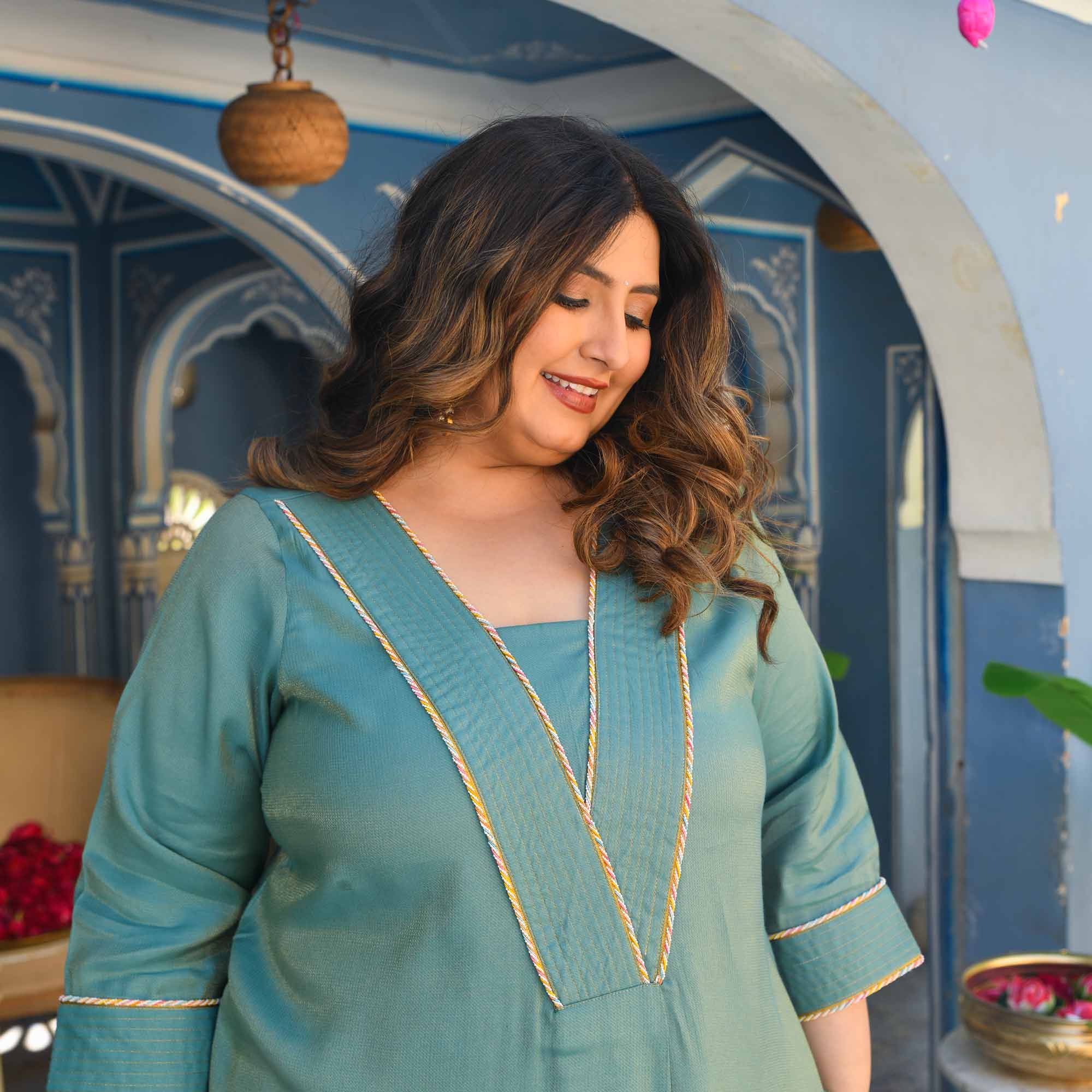 Icy- Turquoise Viscose Tissue A-line Pleated Kurta