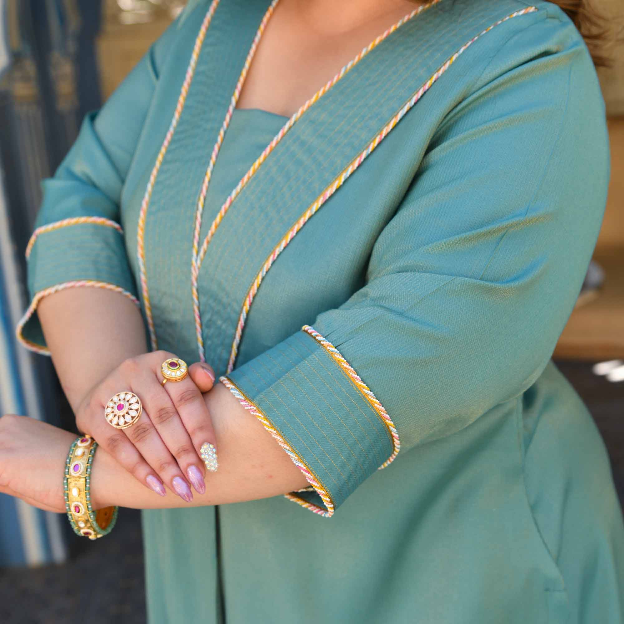 Icy- Turquoise Viscose Tissue A-line Pleated Kurta