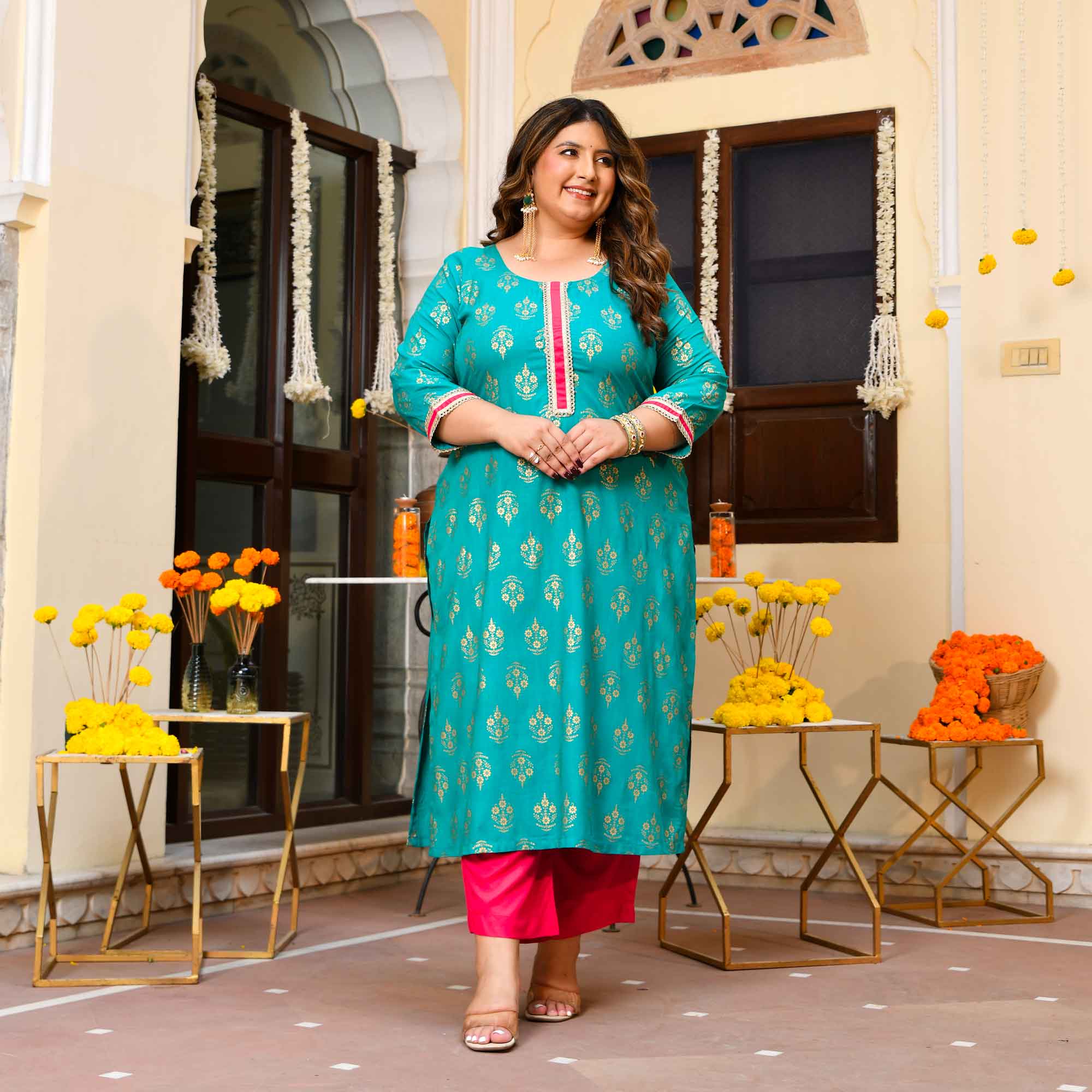 Lakshmi- Teal Blue Gold Block Print Rayon Kurta