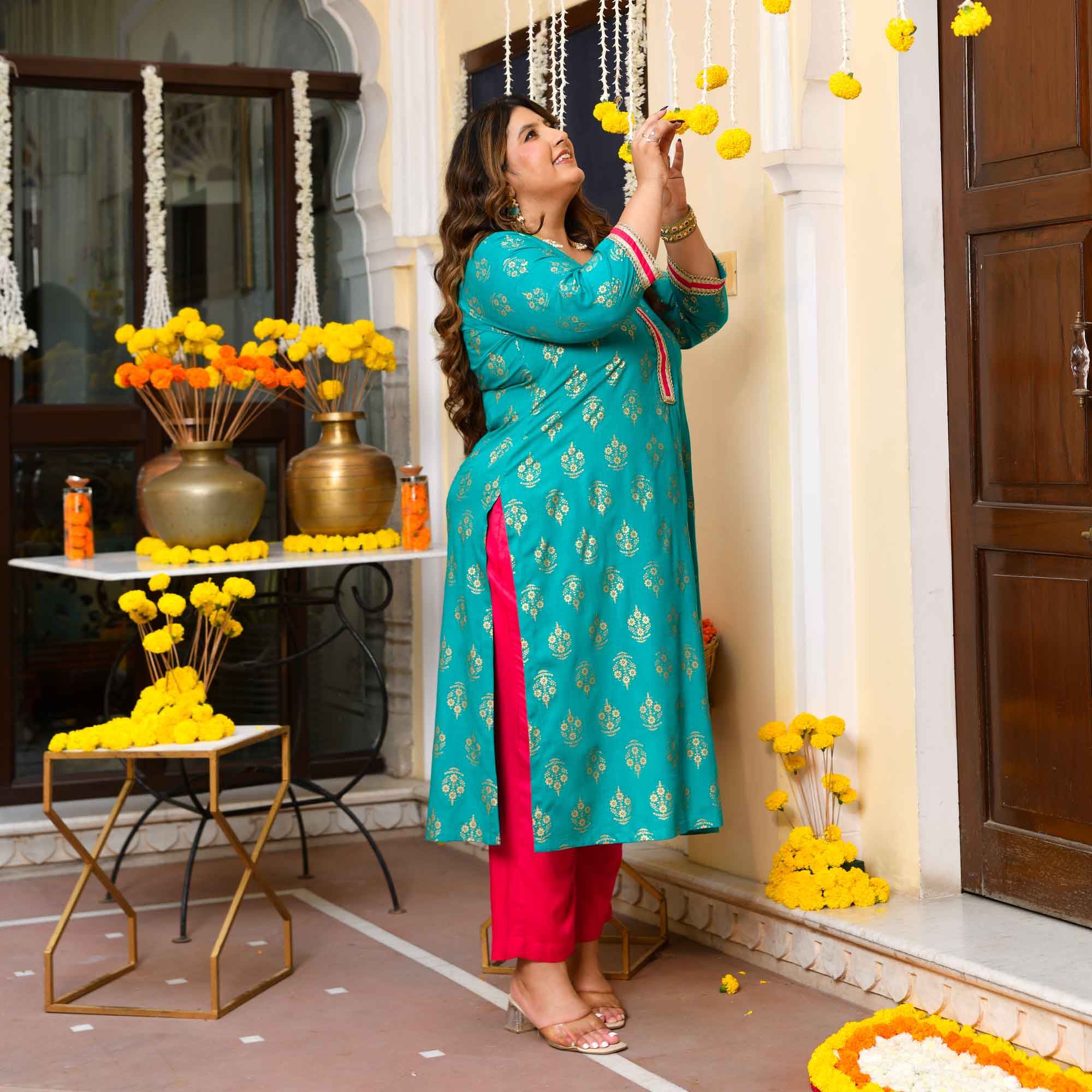 Lakshmi- Teal Blue Gold Block Print Rayon Kurta