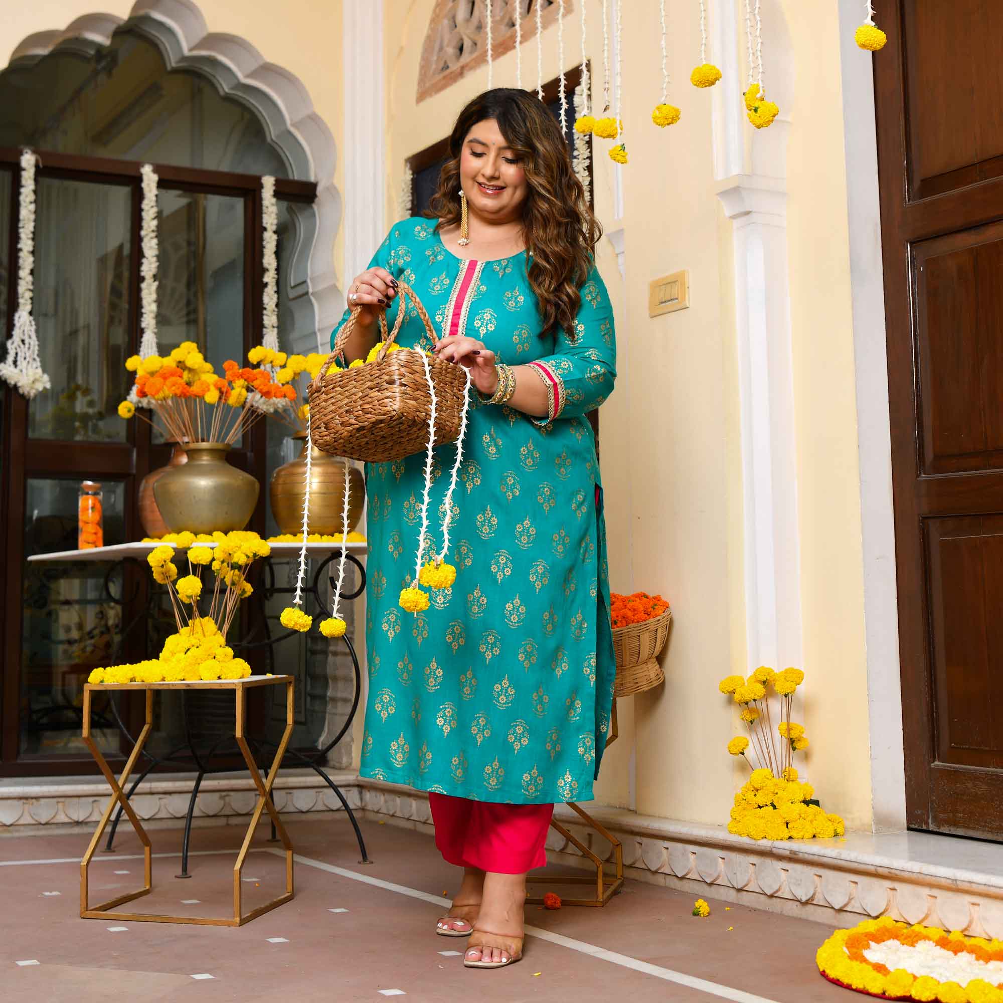 Lakshmi- Teal Blue Gold Block Print Rayon Kurta
