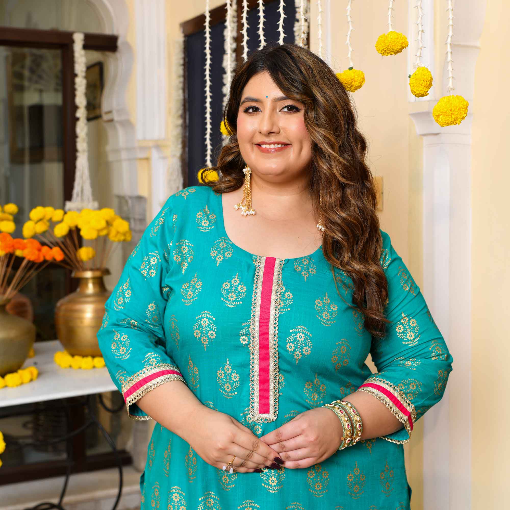 Lakshmi- Teal Blue Gold Block Print Rayon Kurta