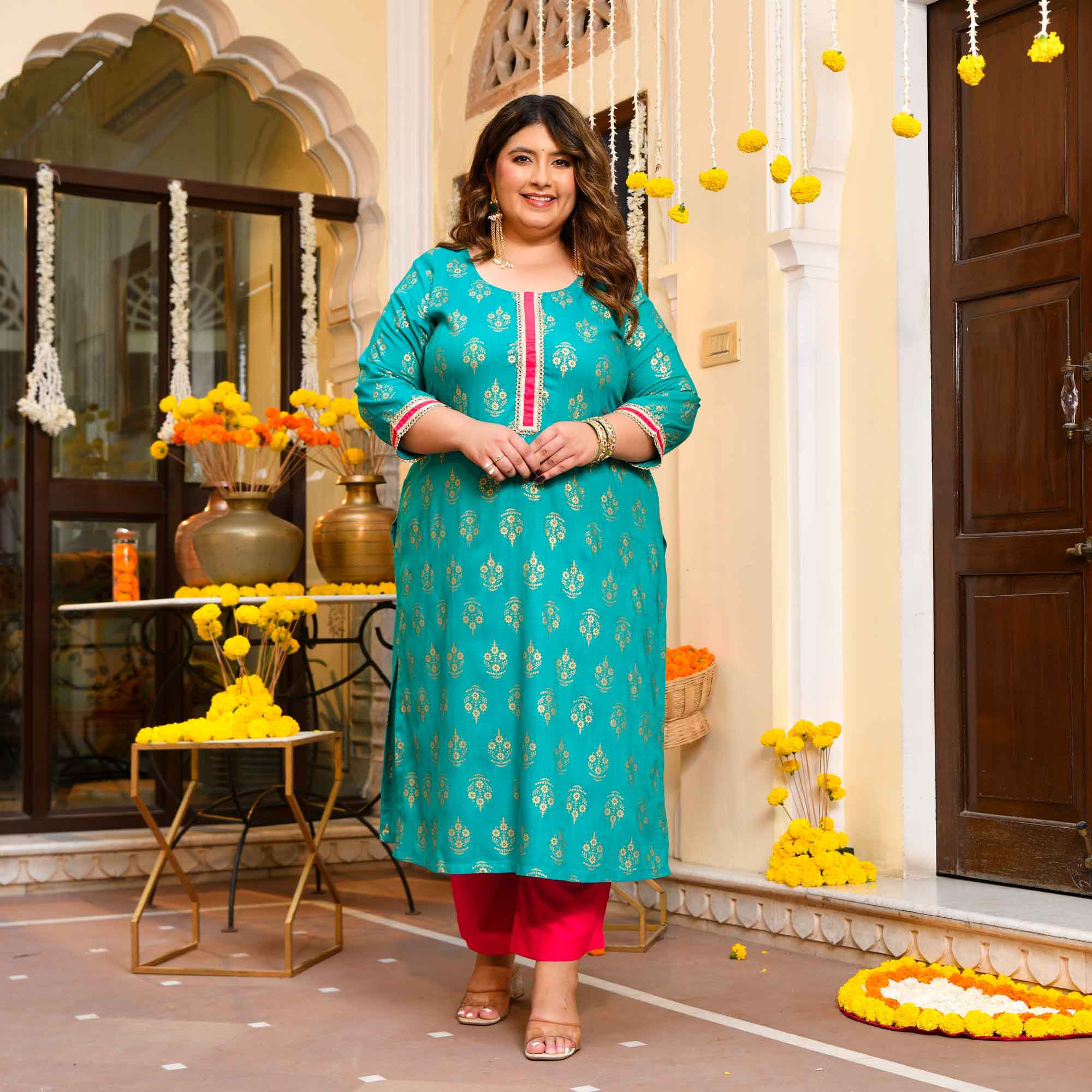 Lakshmi- Teal Blue Gold Block Print Rayon Kurta