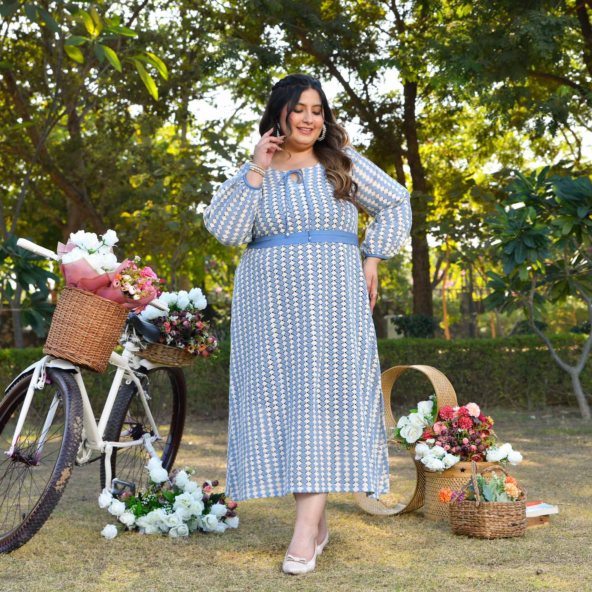Greece- Sky Blue & White Cotton Knitted Laced Aline Dress