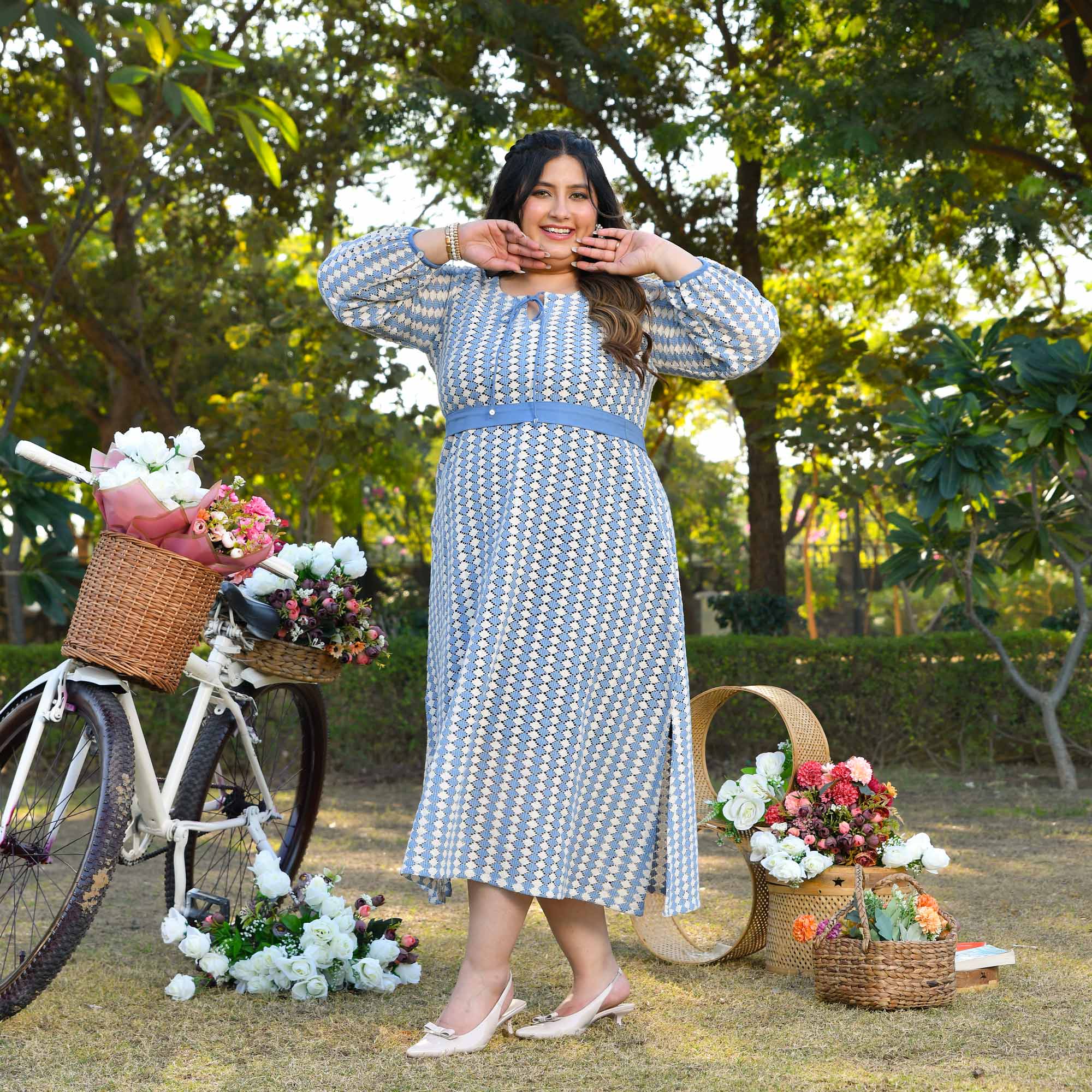 Greece- Sky Blue & White Cotton Knitted Laced Aline Dress