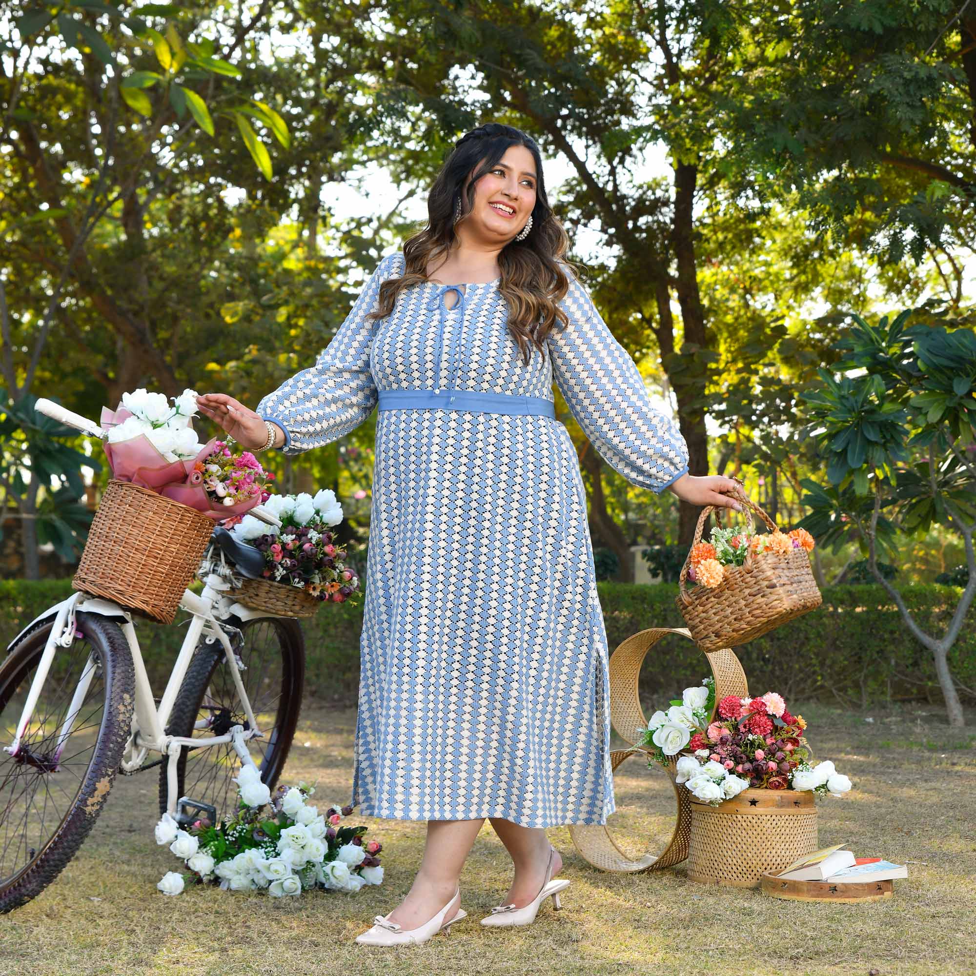Greece- Sky Blue & White Cotton Knitted Laced Aline Dress