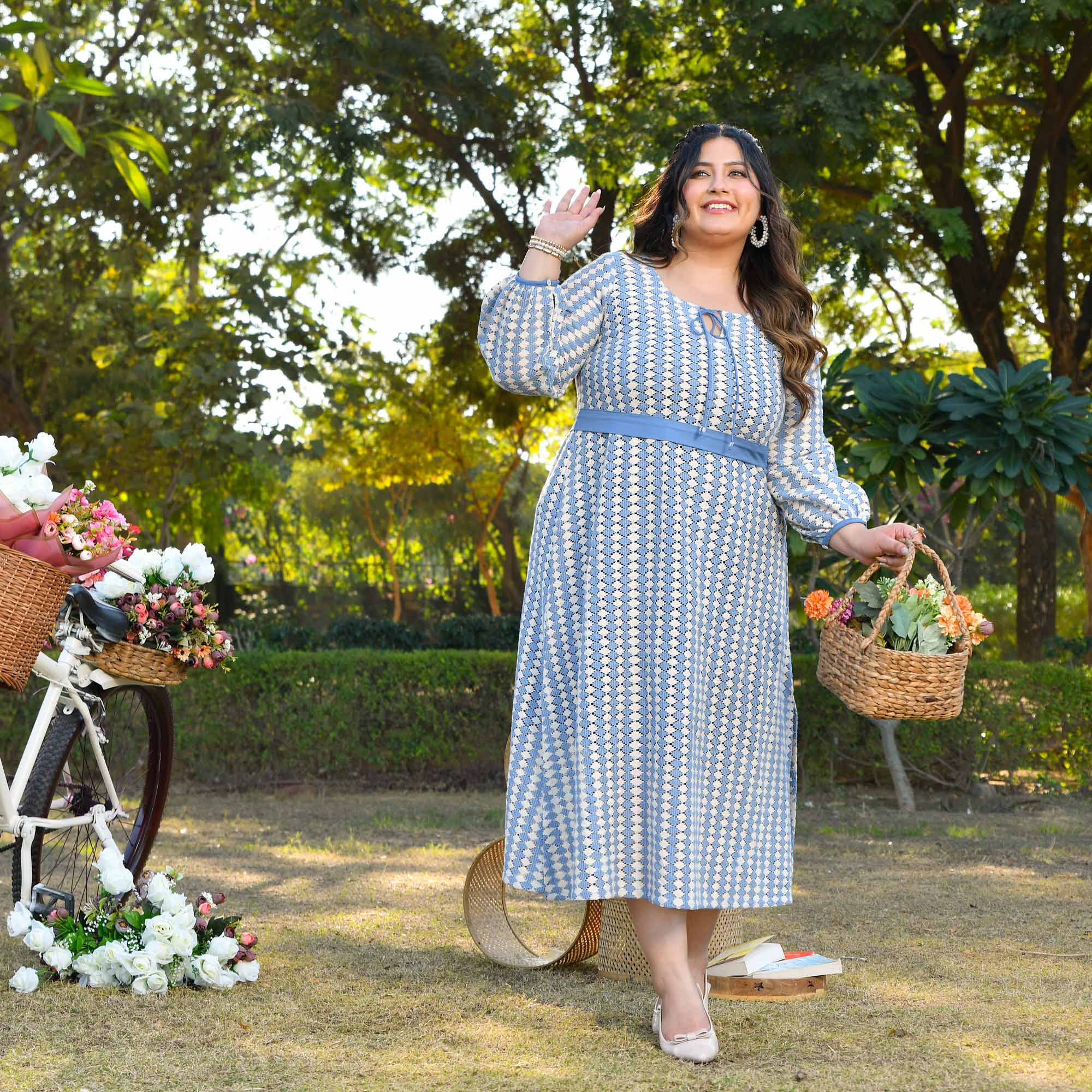 Greece- Sky Blue & White Cotton Knitted Laced Aline Dress