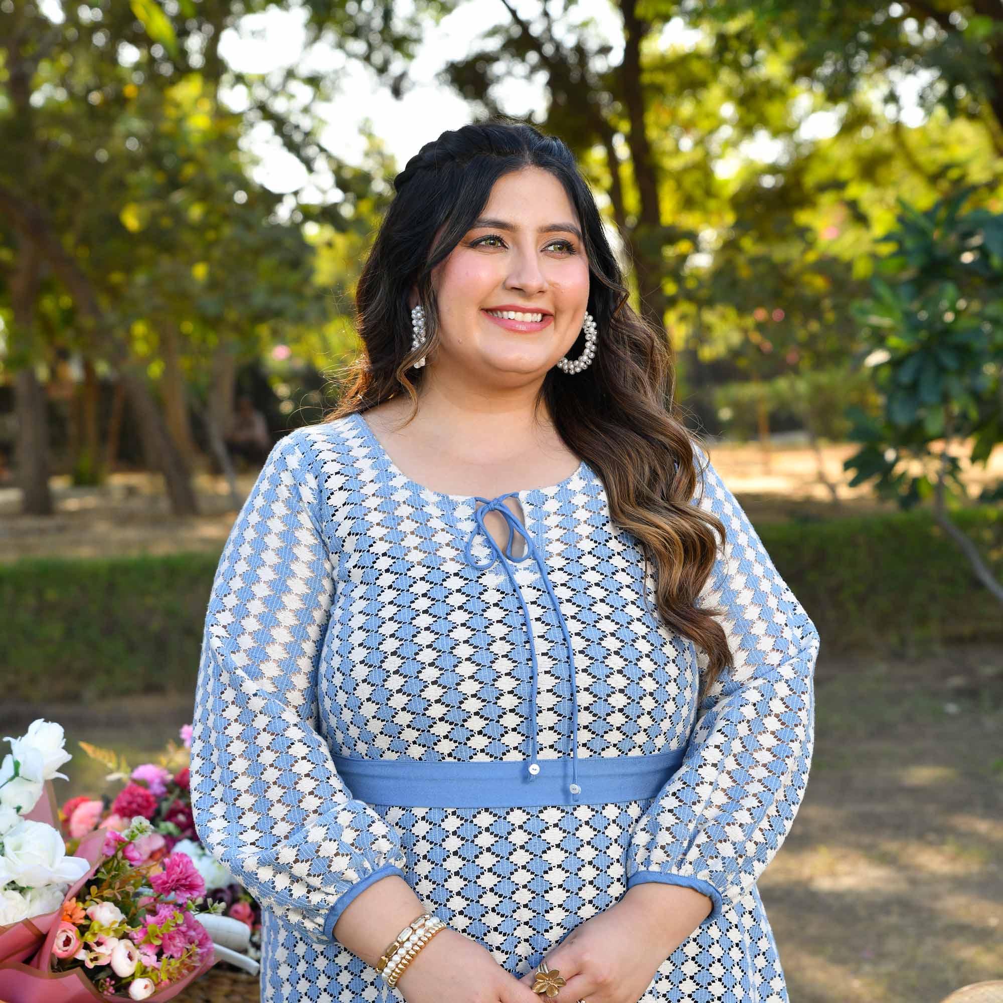 Greece- Sky Blue & White Cotton Knitted Laced Aline Dress