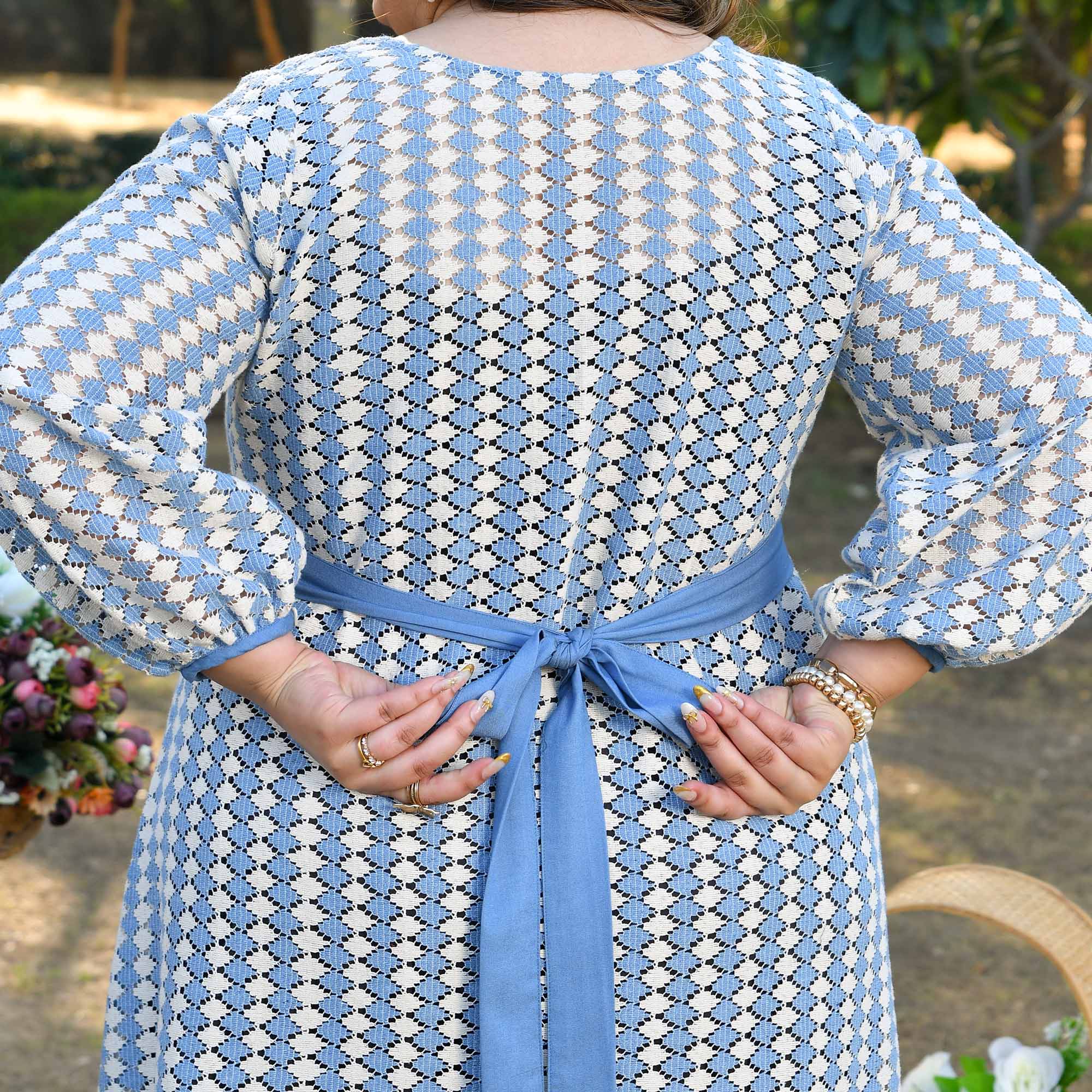 Greece- Sky Blue & White Cotton Knitted Laced Aline Dress