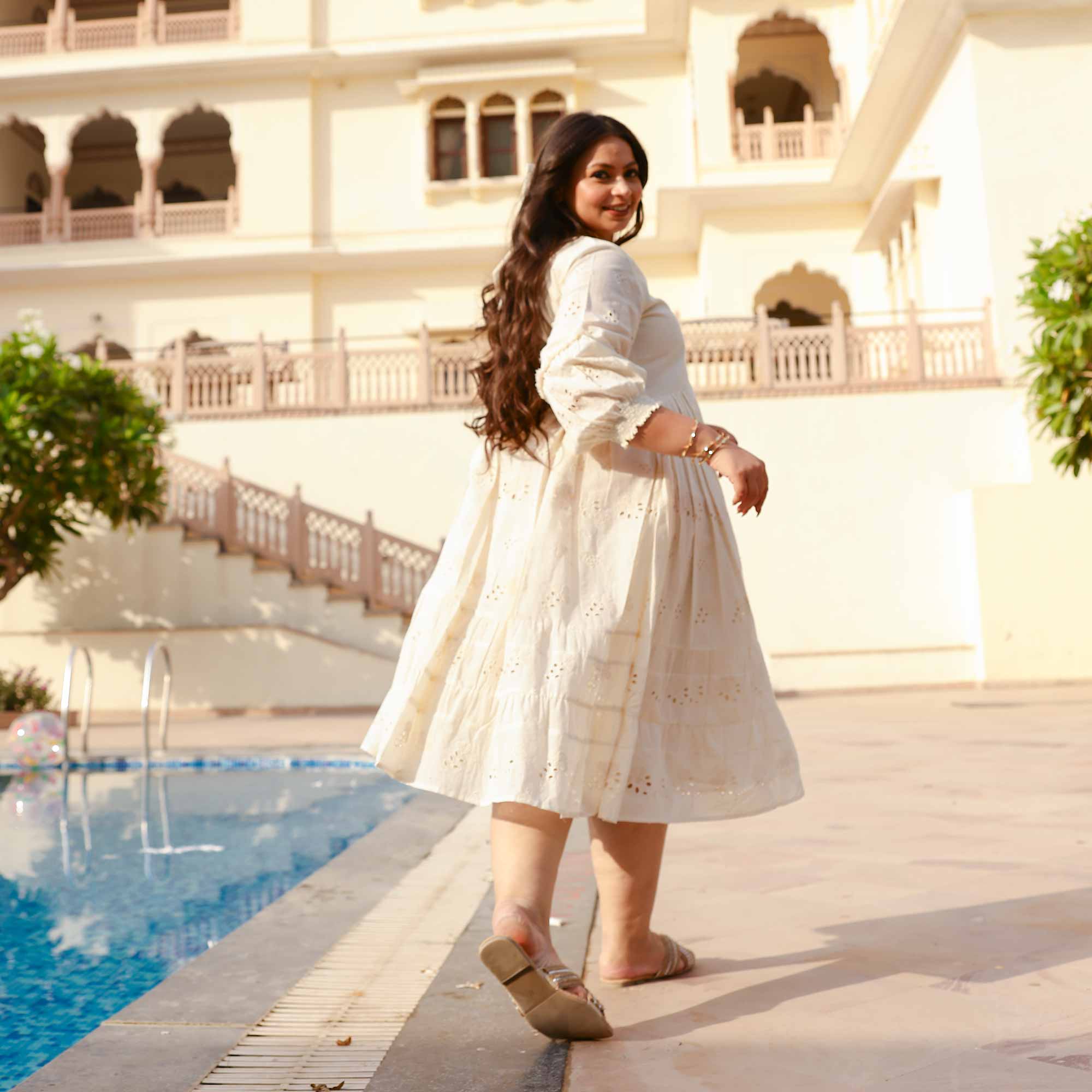 Creamy White Serene Schiffli Dress
