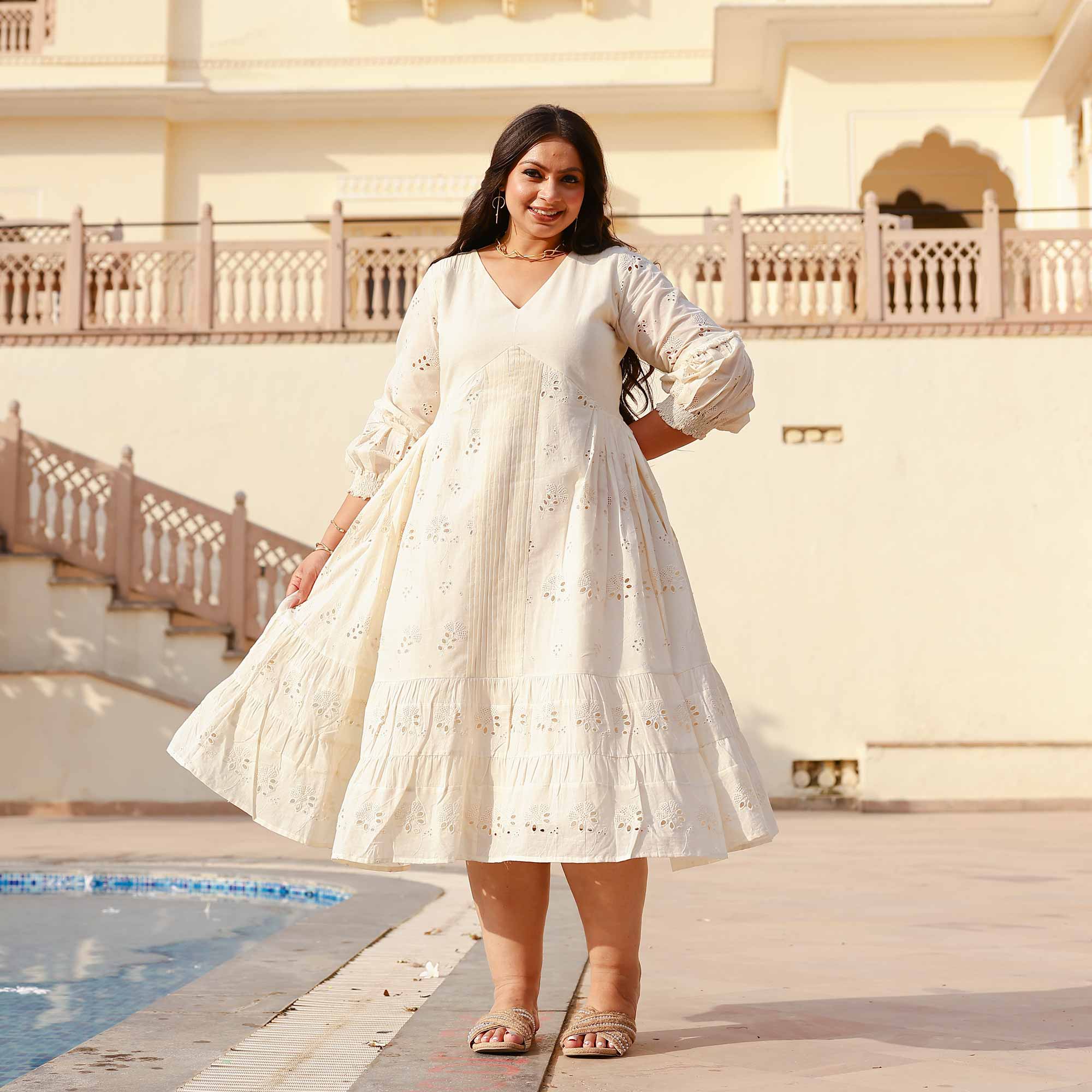 Creamy White Serene Schiffli Dress