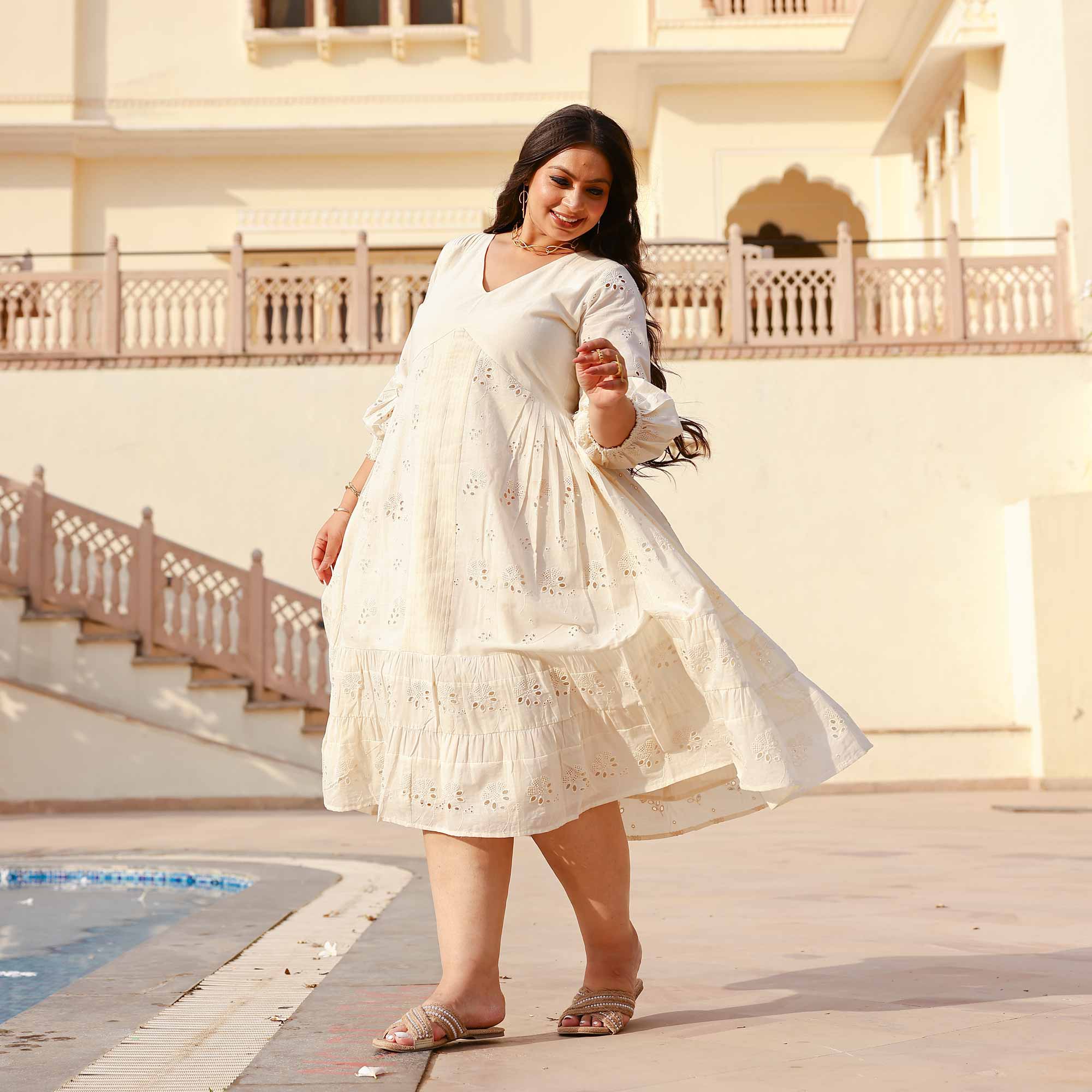 Creamy White Serene Schiffli Dress