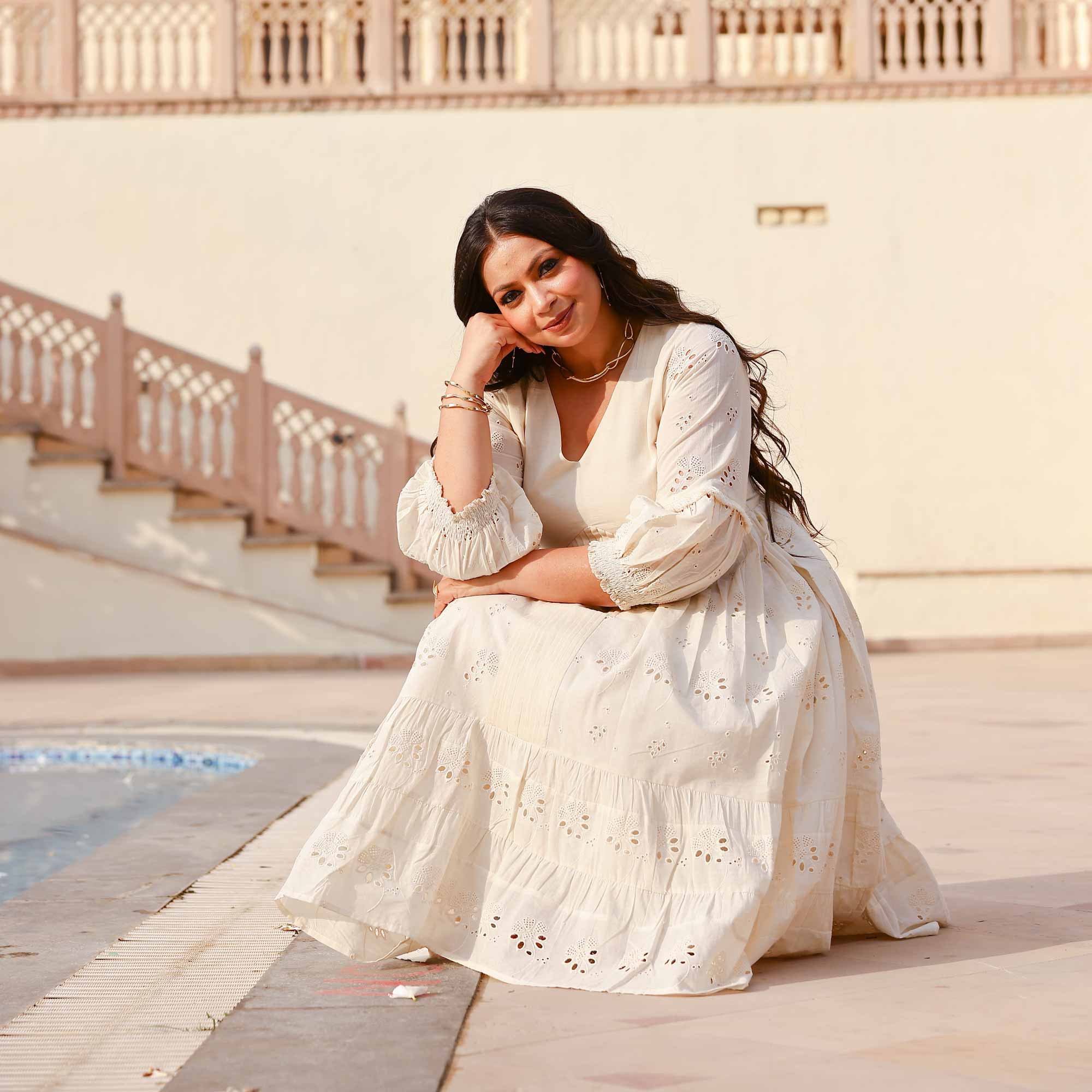 Creamy White Serene Schiffli Dress
