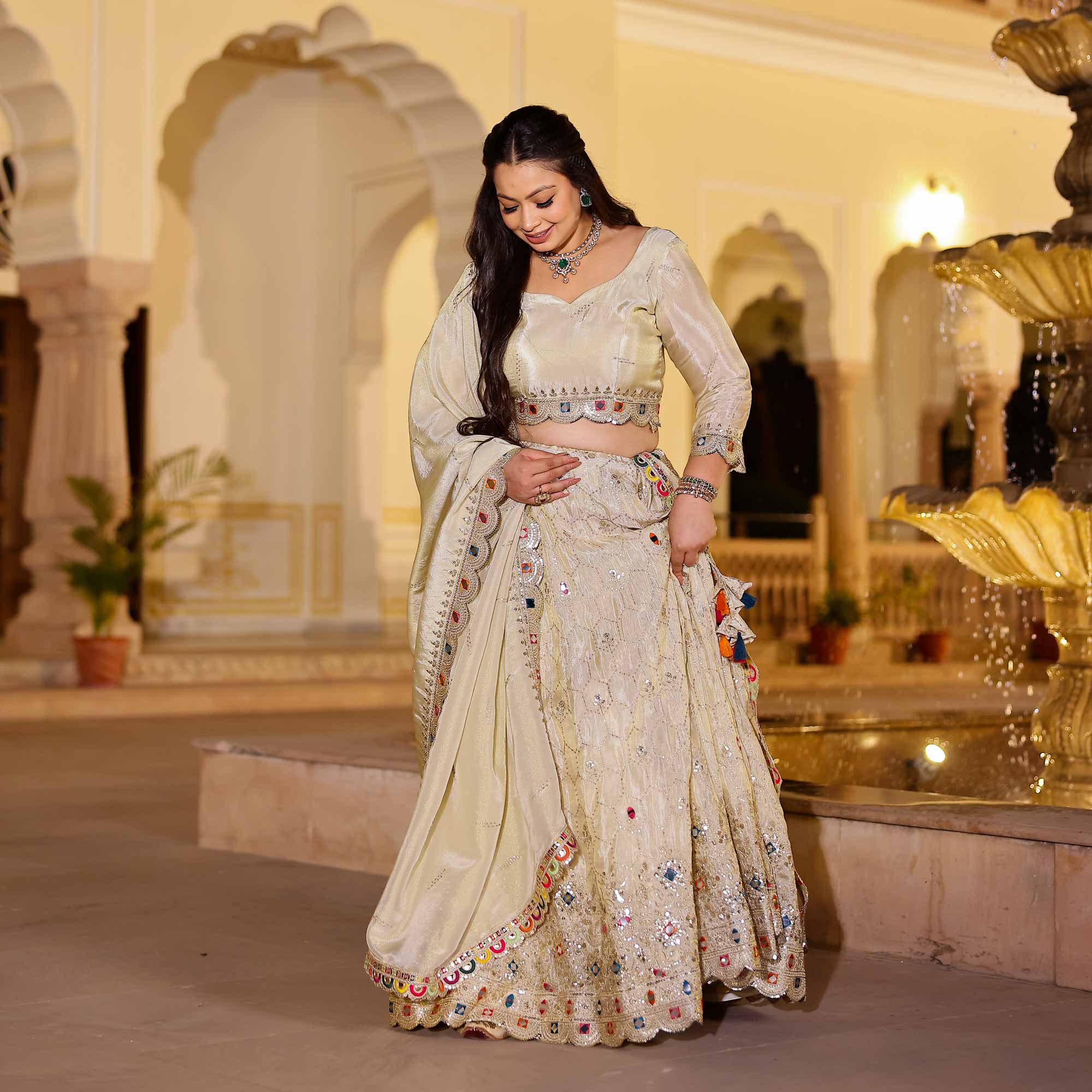 CHAND TARA Off-White & Gold Sequin Embroidered Pure Tissue Silk Lehenga Set