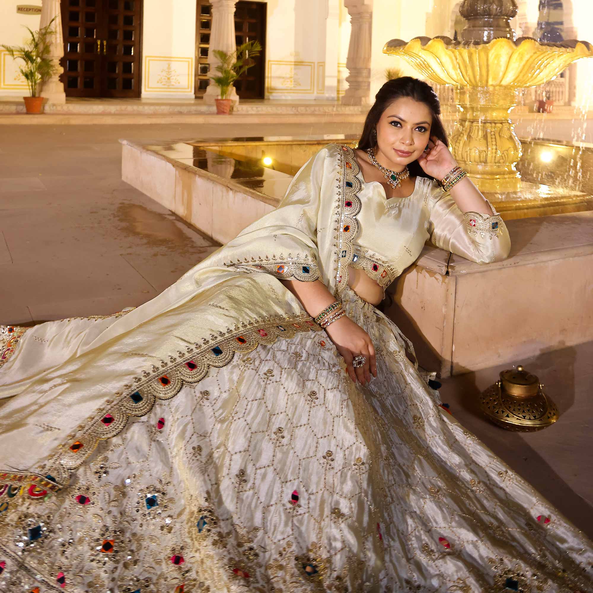 CHAND TARA Off-White & Gold Sequin Embroidered Pure Tissue Silk Lehenga Set