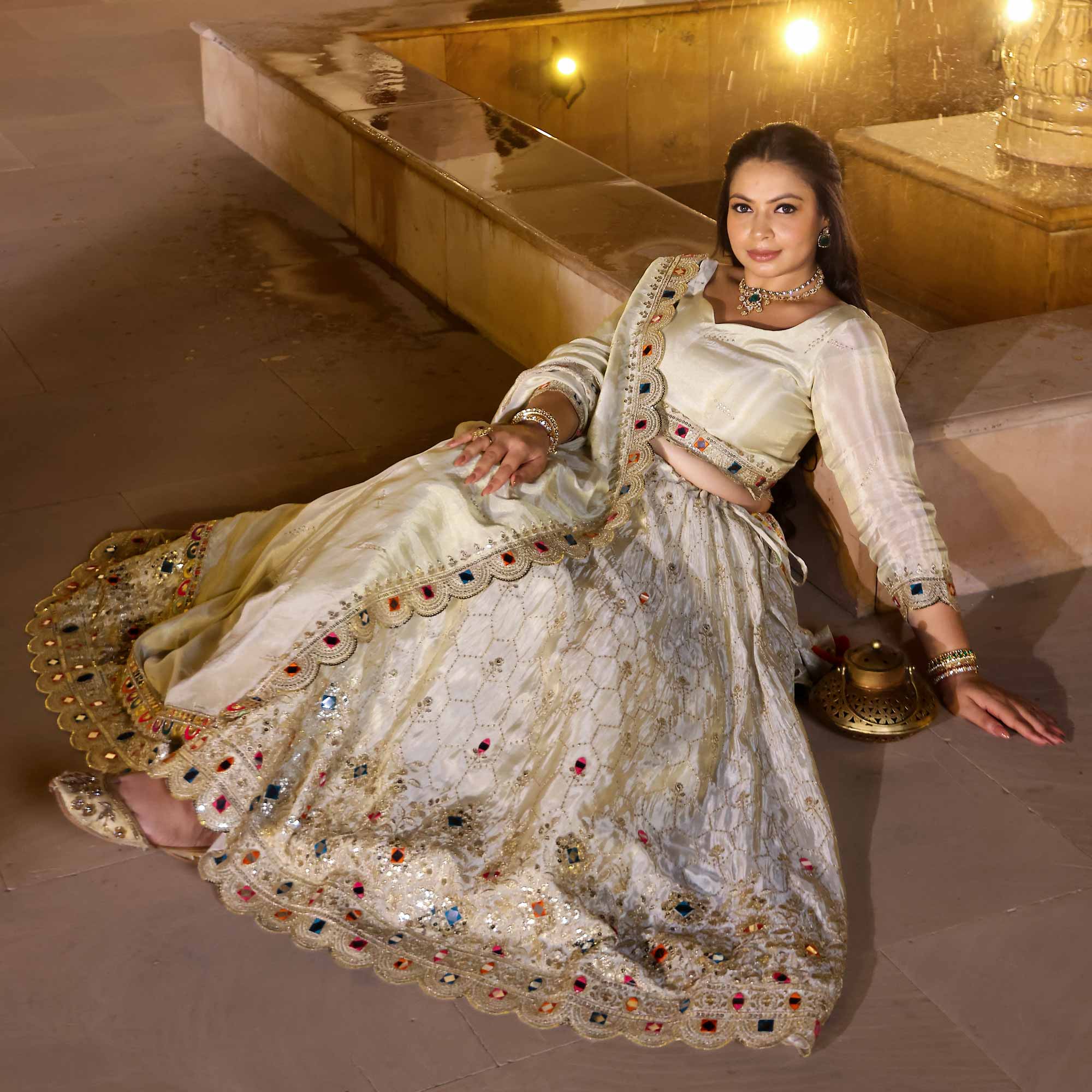 CHAND TARA Off-White & Gold Sequin Embroidered Pure Tissue Silk Lehenga Set