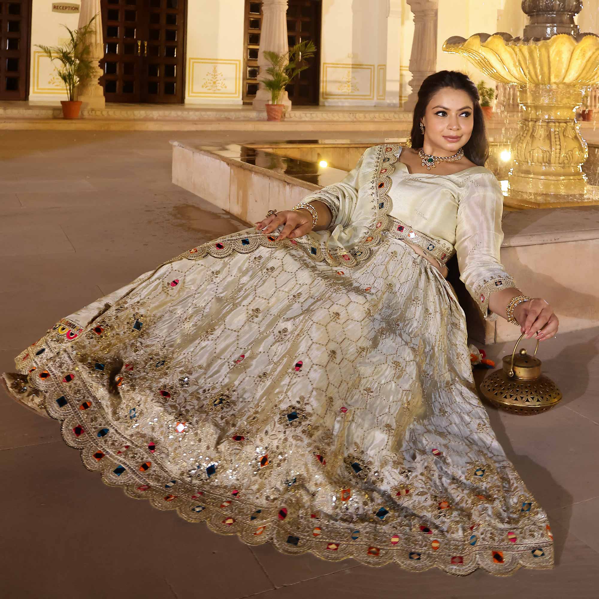 CHAND TARA Off-White & Gold Sequin Embroidered Pure Tissue Silk Lehenga Set