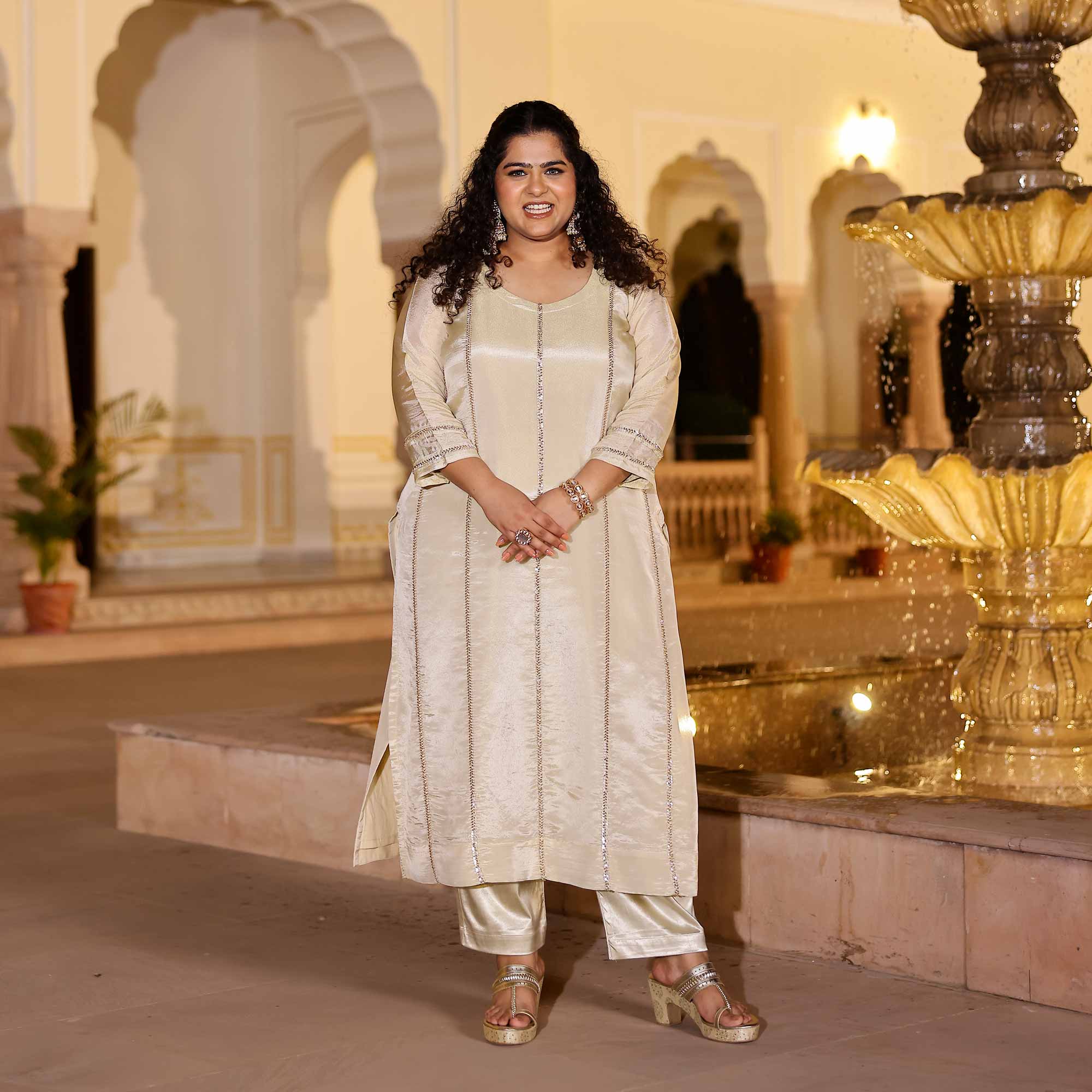 MOHANA Off-White & Gold Cutdana Embroidered Pure Tissue Silk Kurta