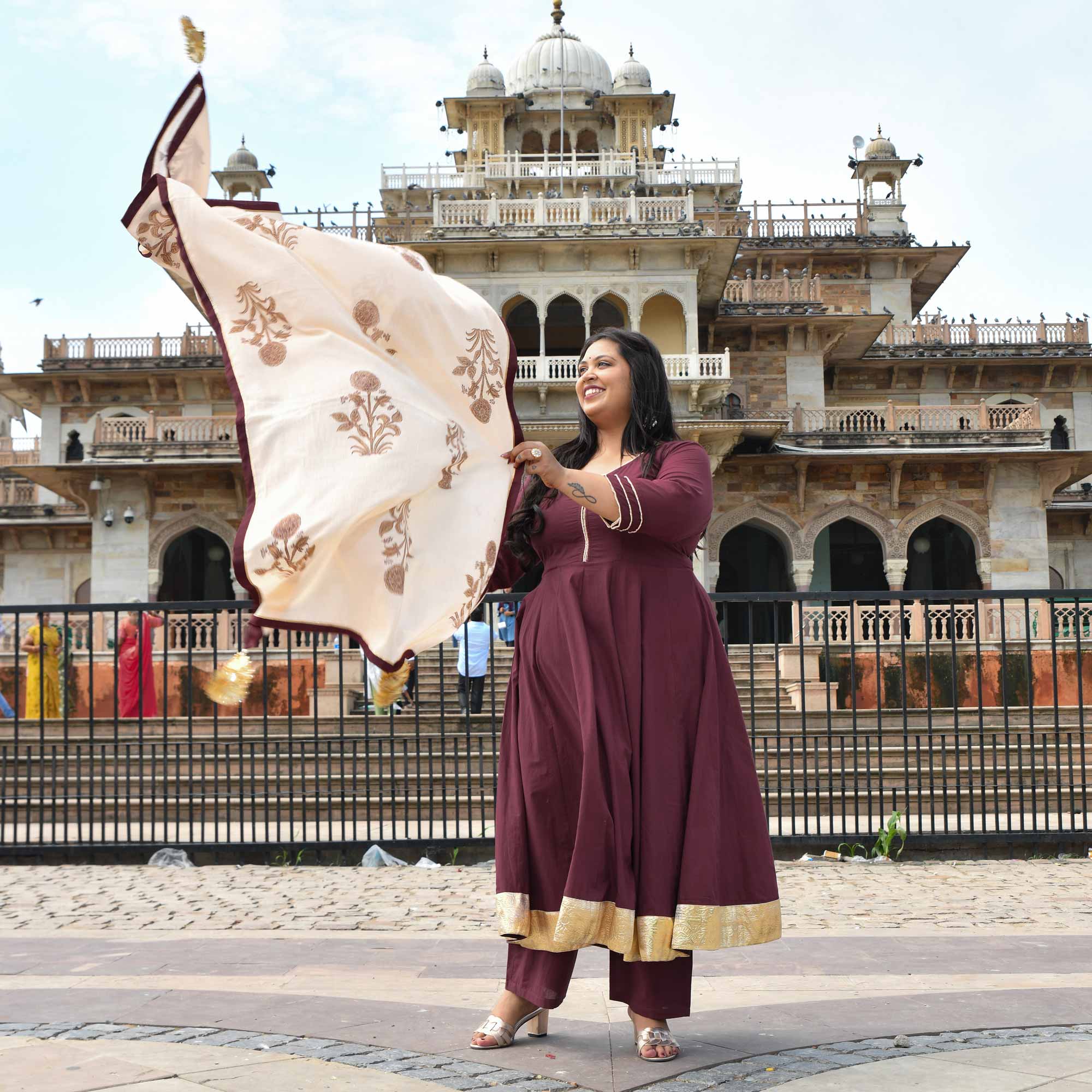 Jewel Wine Floral Cotton Anarkali Set