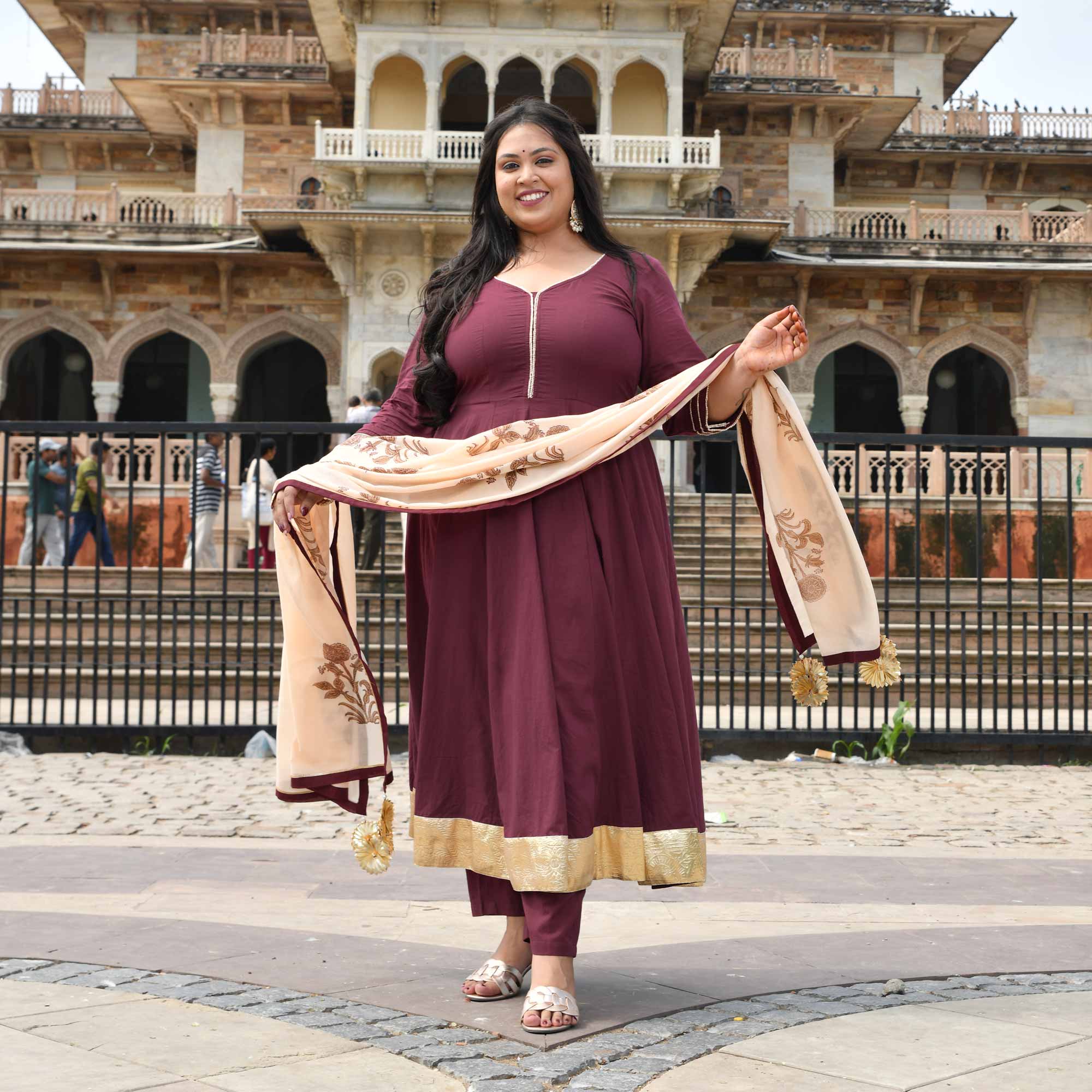 Jewel Wine Floral Cotton Anarkali