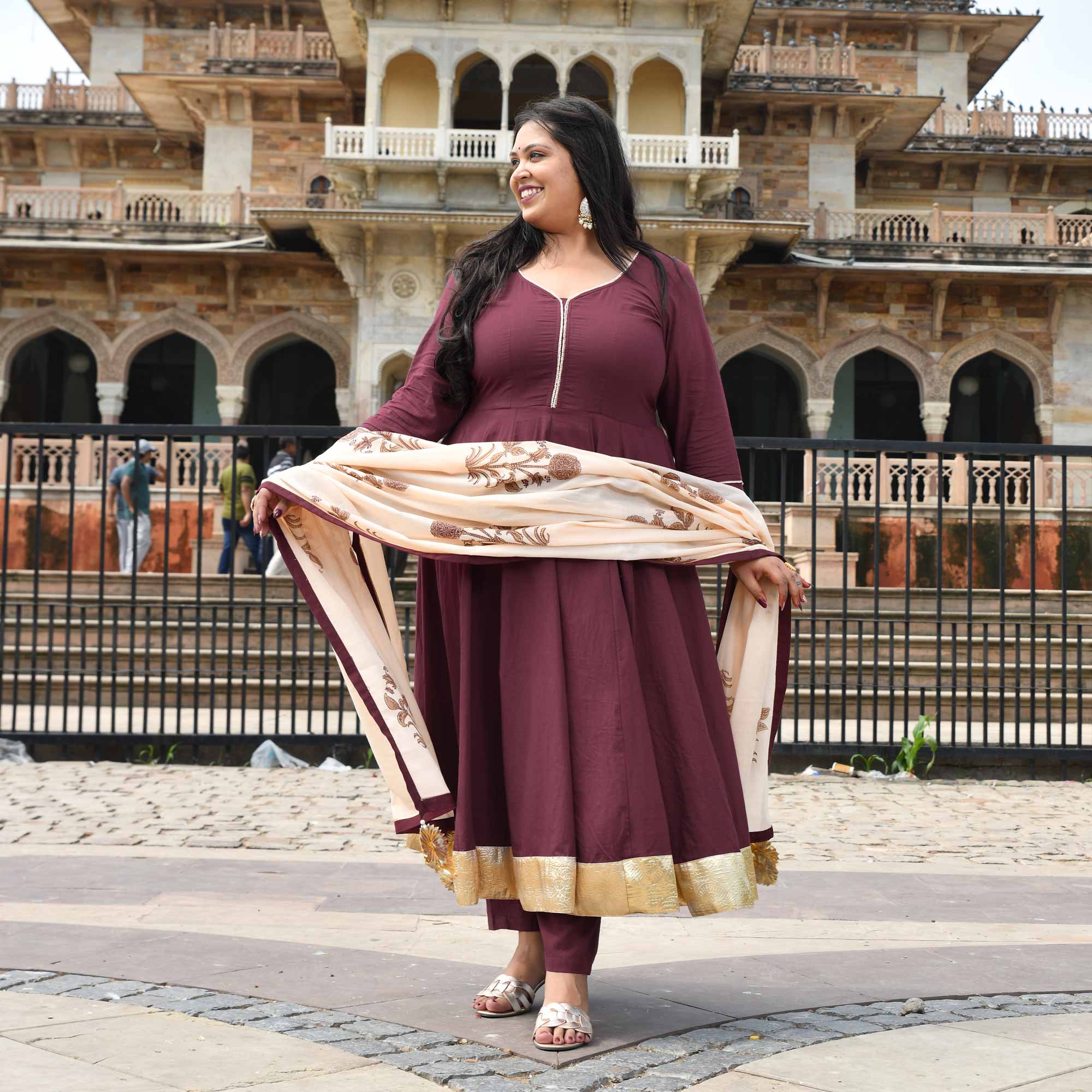 Jewel Wine Floral Cotton Anarkali Set