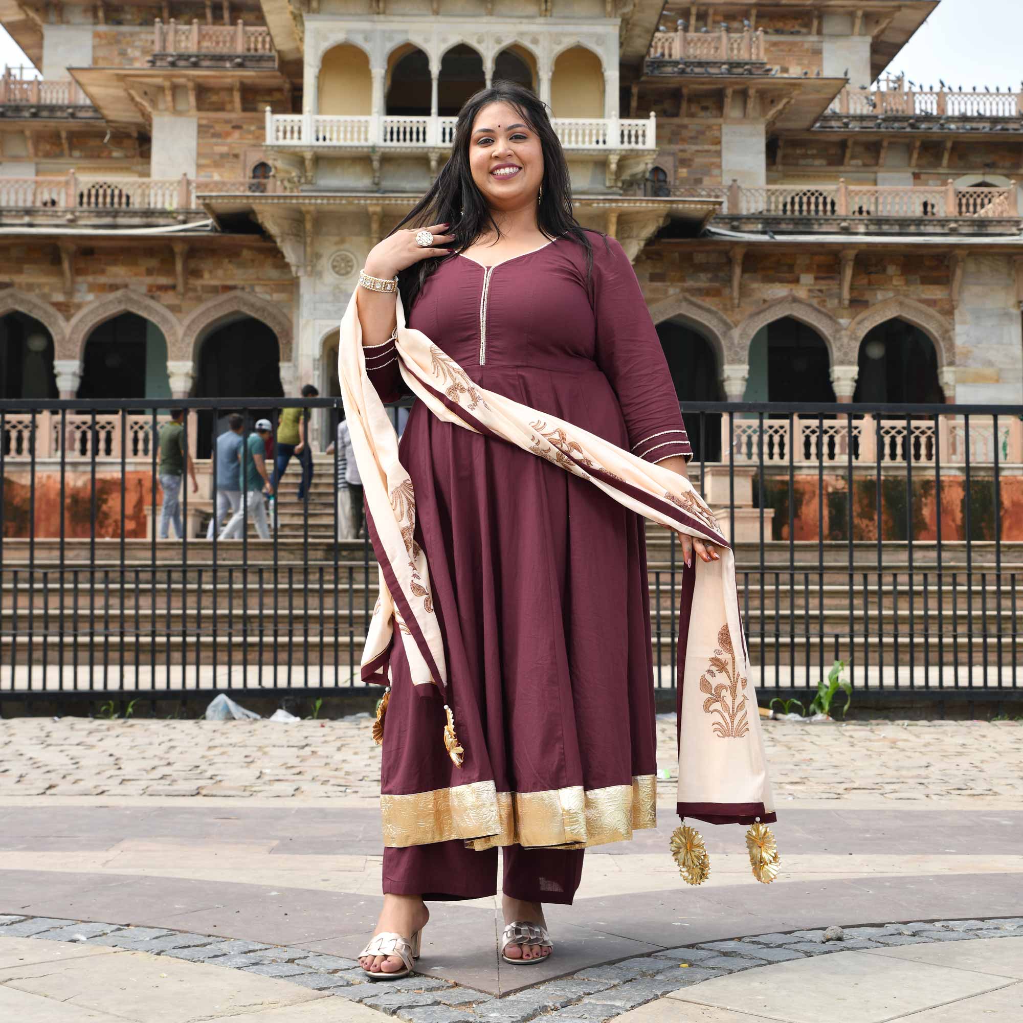 Jewel Wine Floral Cotton Anarkali