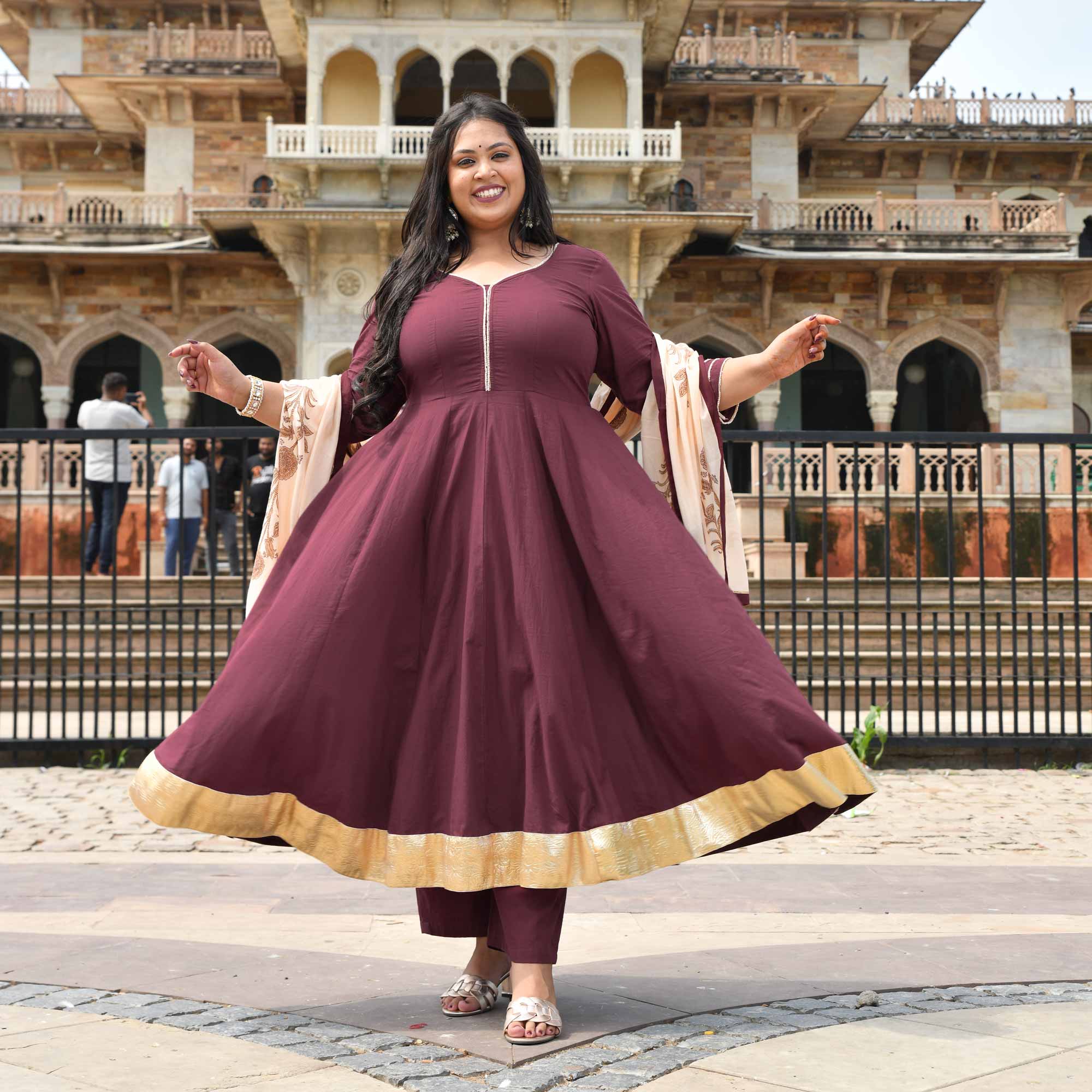 Jewel Wine Floral Cotton Anarkali Set