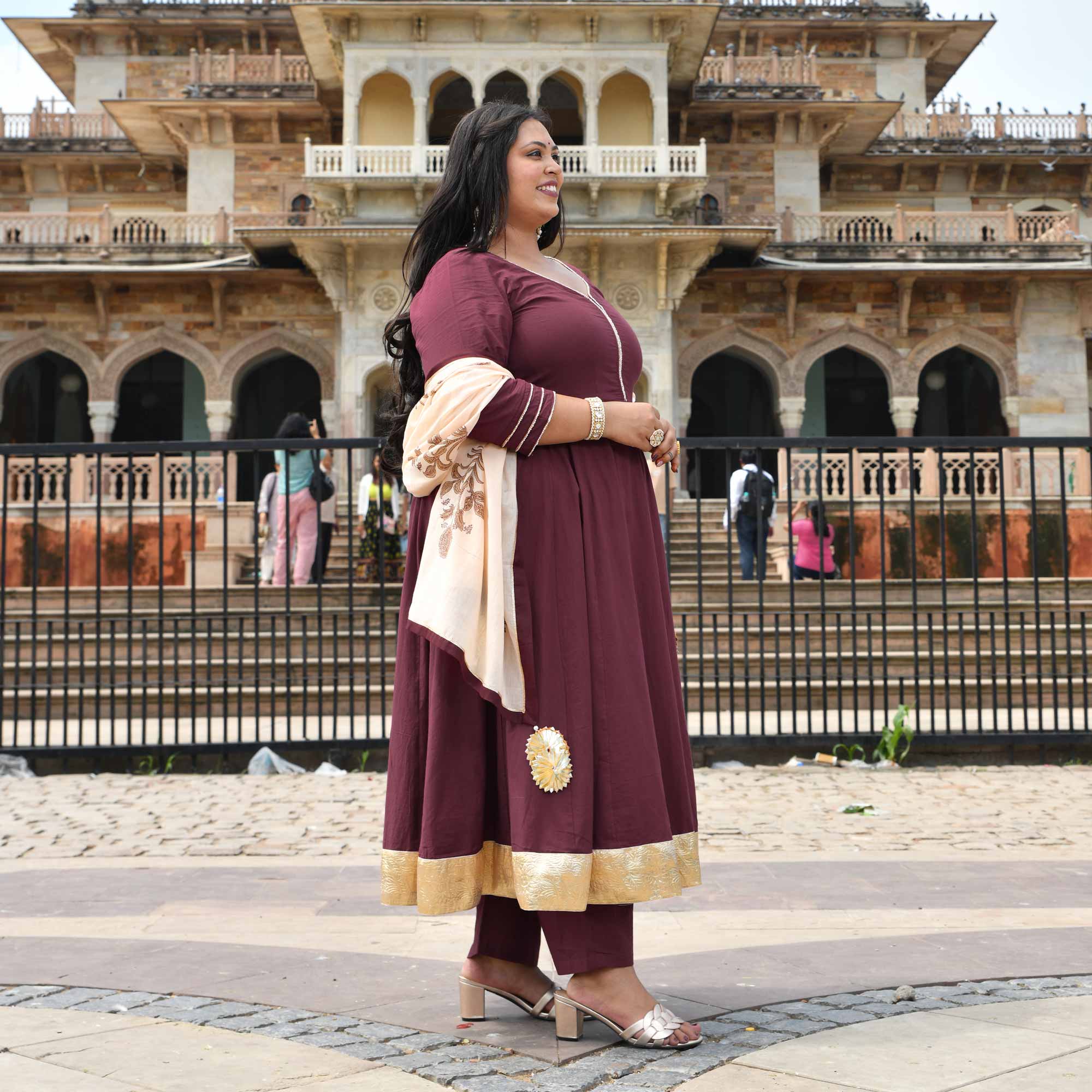 Jewel Wine Floral Cotton Anarkali Set