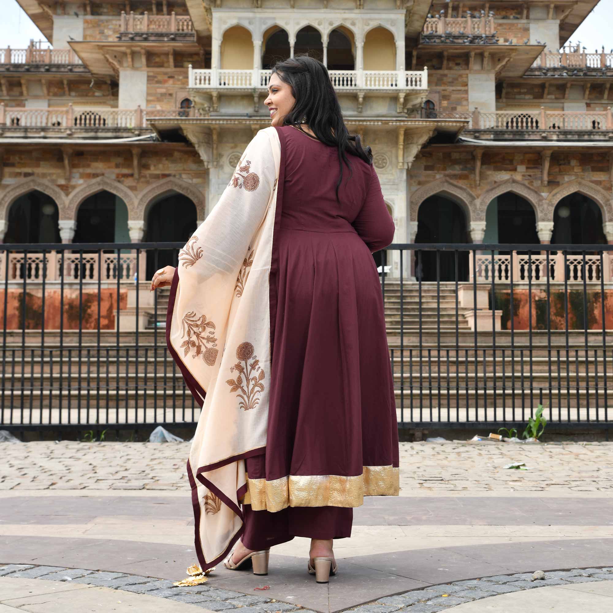 Jewel Wine Floral Cotton Anarkali Set