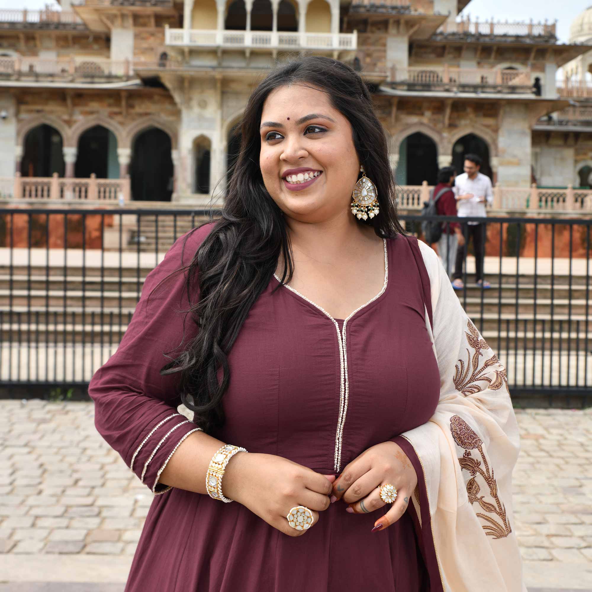 Jewel Wine Floral Cotton Anarkali Set