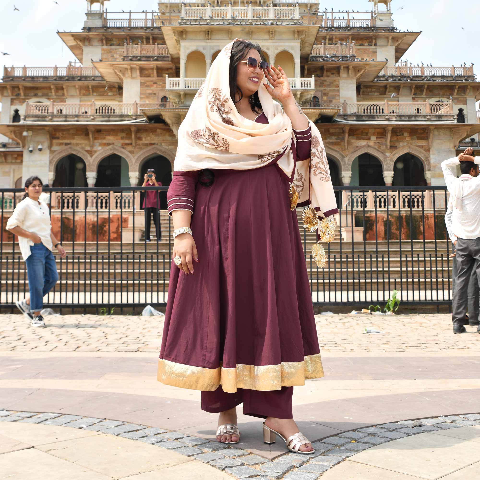Jewel Wine Floral Cotton Anarkali