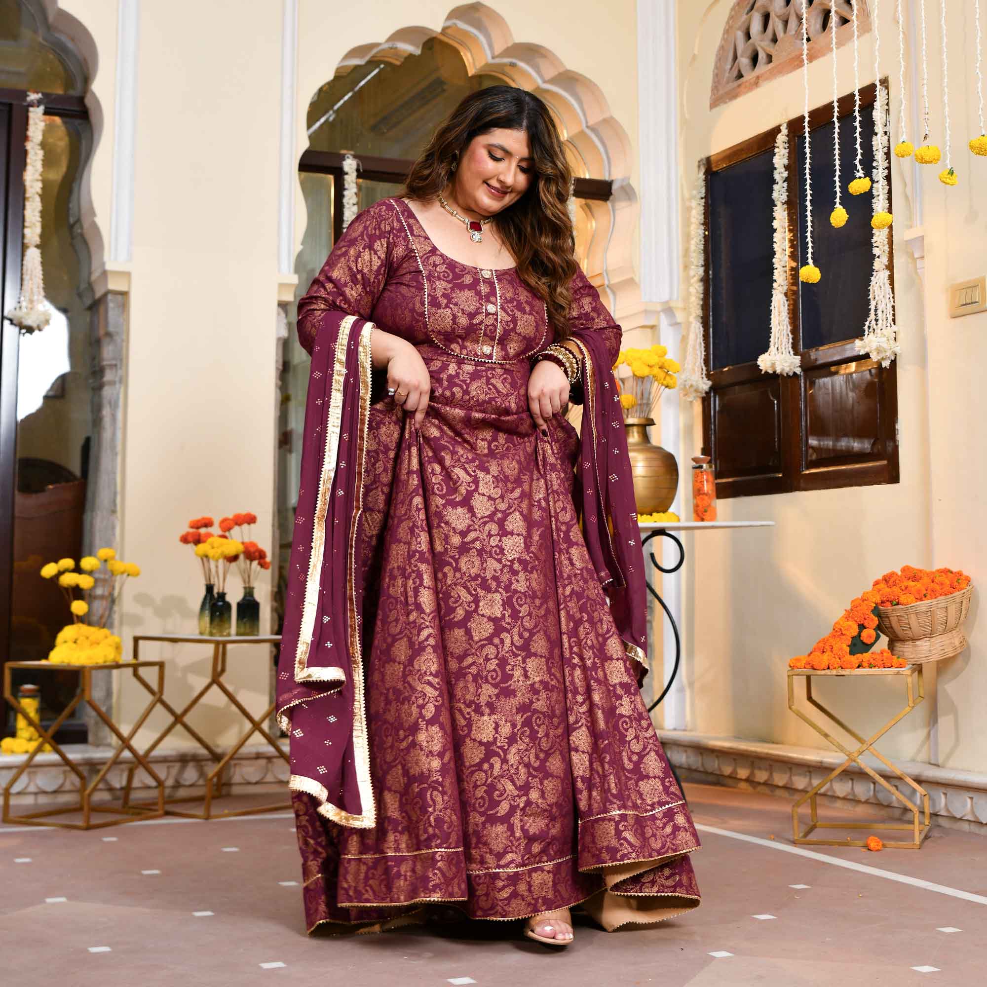 Shagun- Wine Gold Block Print Rayon Anarkali