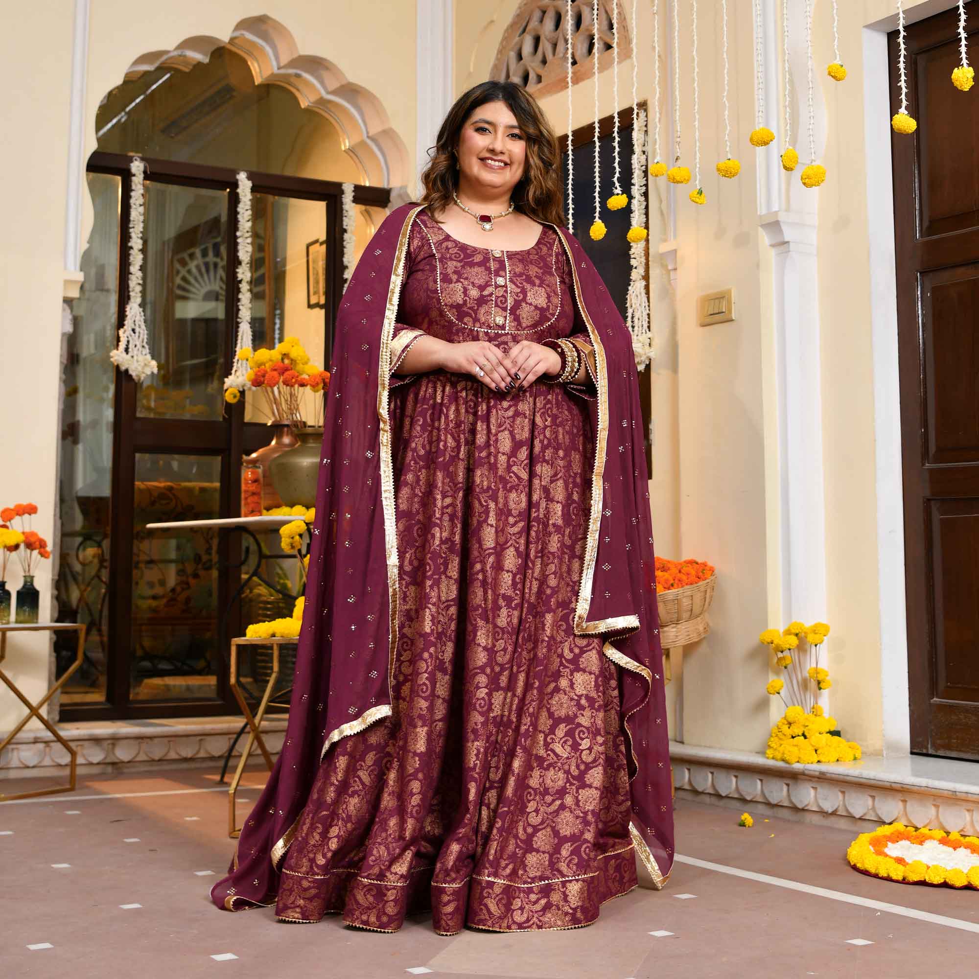 Shagun- Wine Gold Block Print Rayon Anarkali