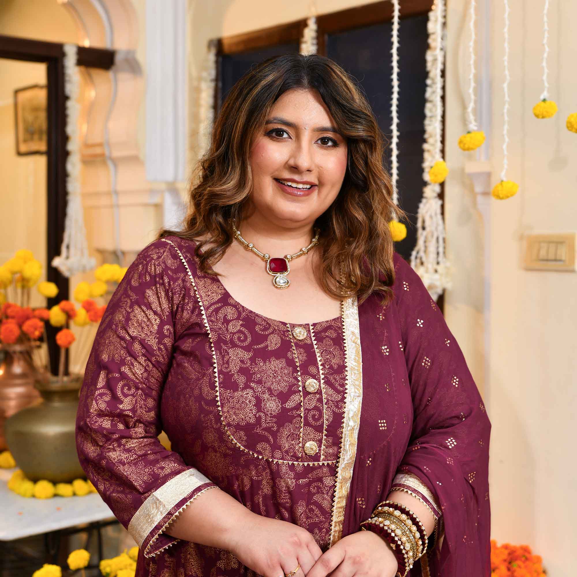 Shagun- Wine Gold Block Print Rayon Anarkali