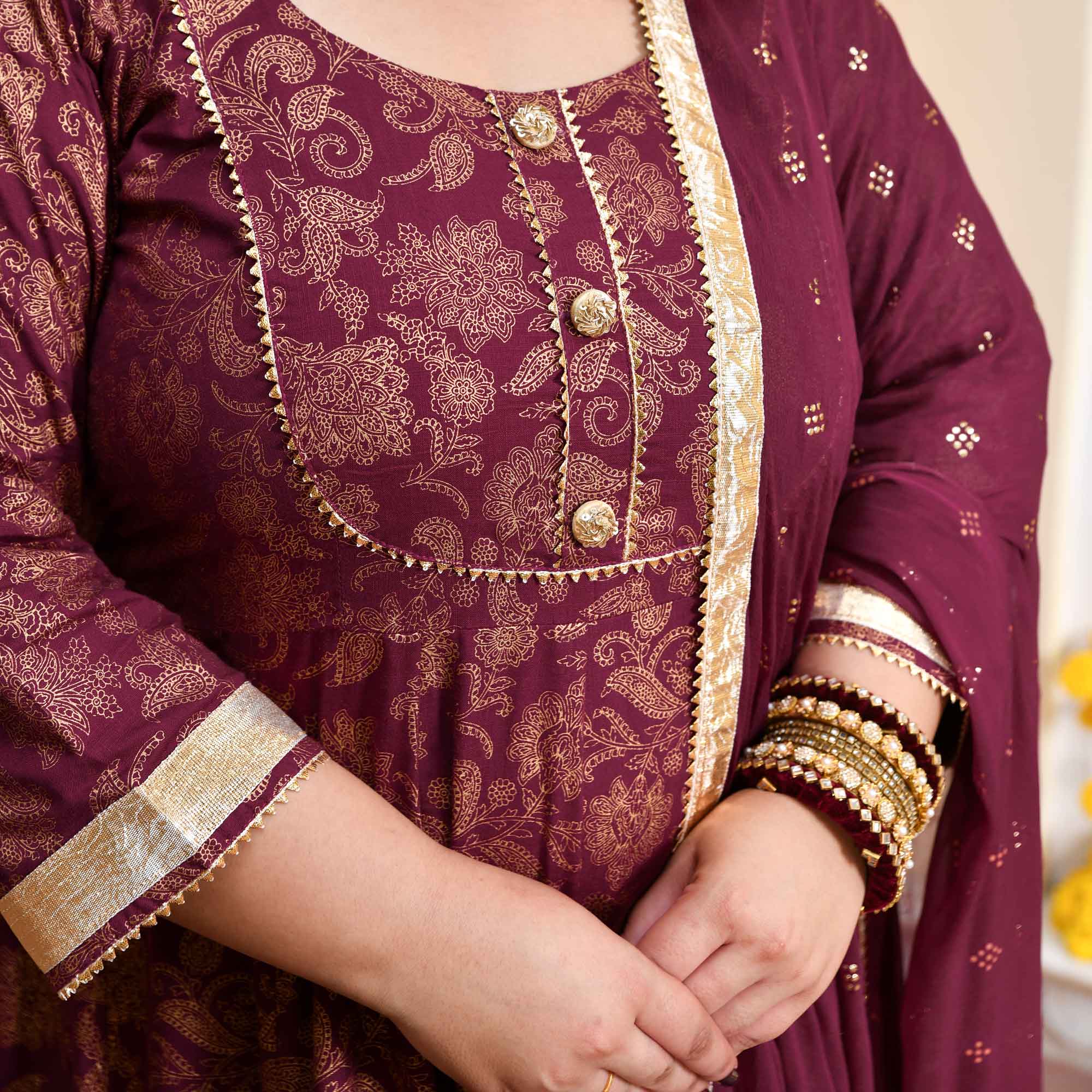 Shagun- Wine Gold Block Print Rayon Anarkali
