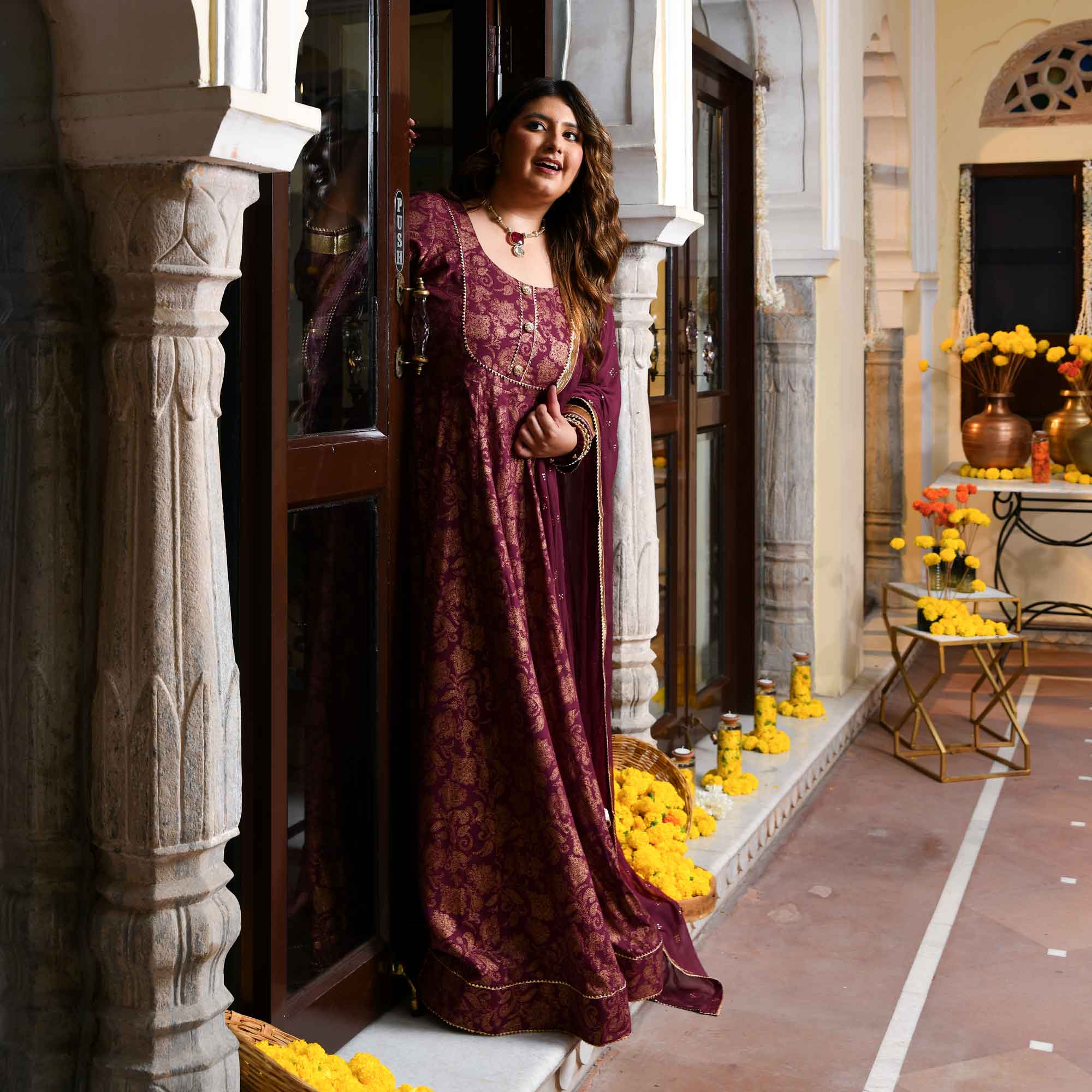 Shagun- Wine Gold Block Print Rayon Anarkali