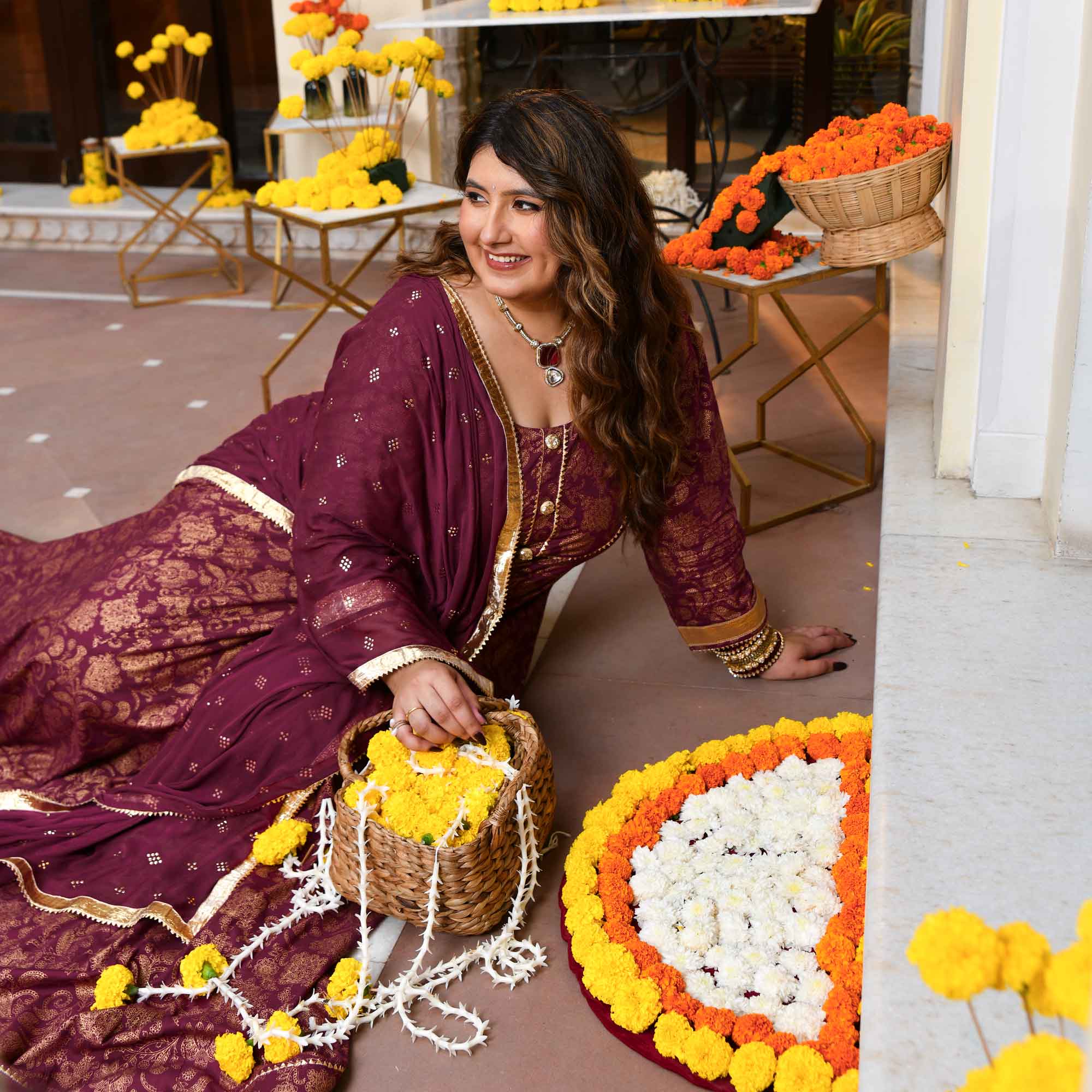 Shagun- Wine Gold Block Print Rayon Anarkali