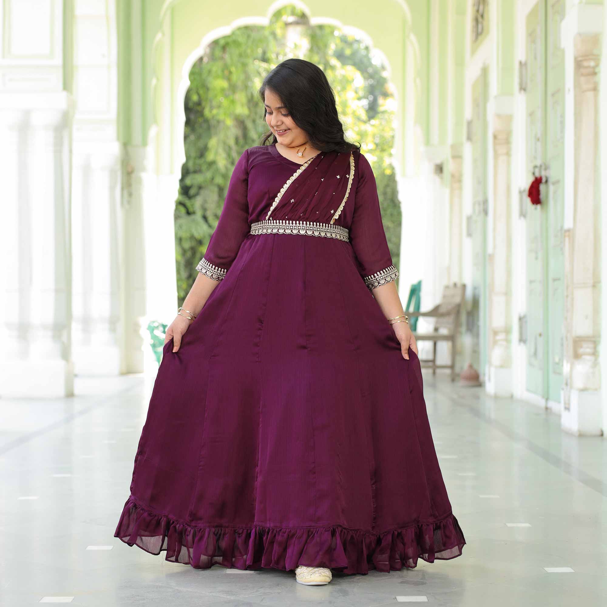 Little Empress- Wine Kids Silk Chinon Anarkali With Belt Drape