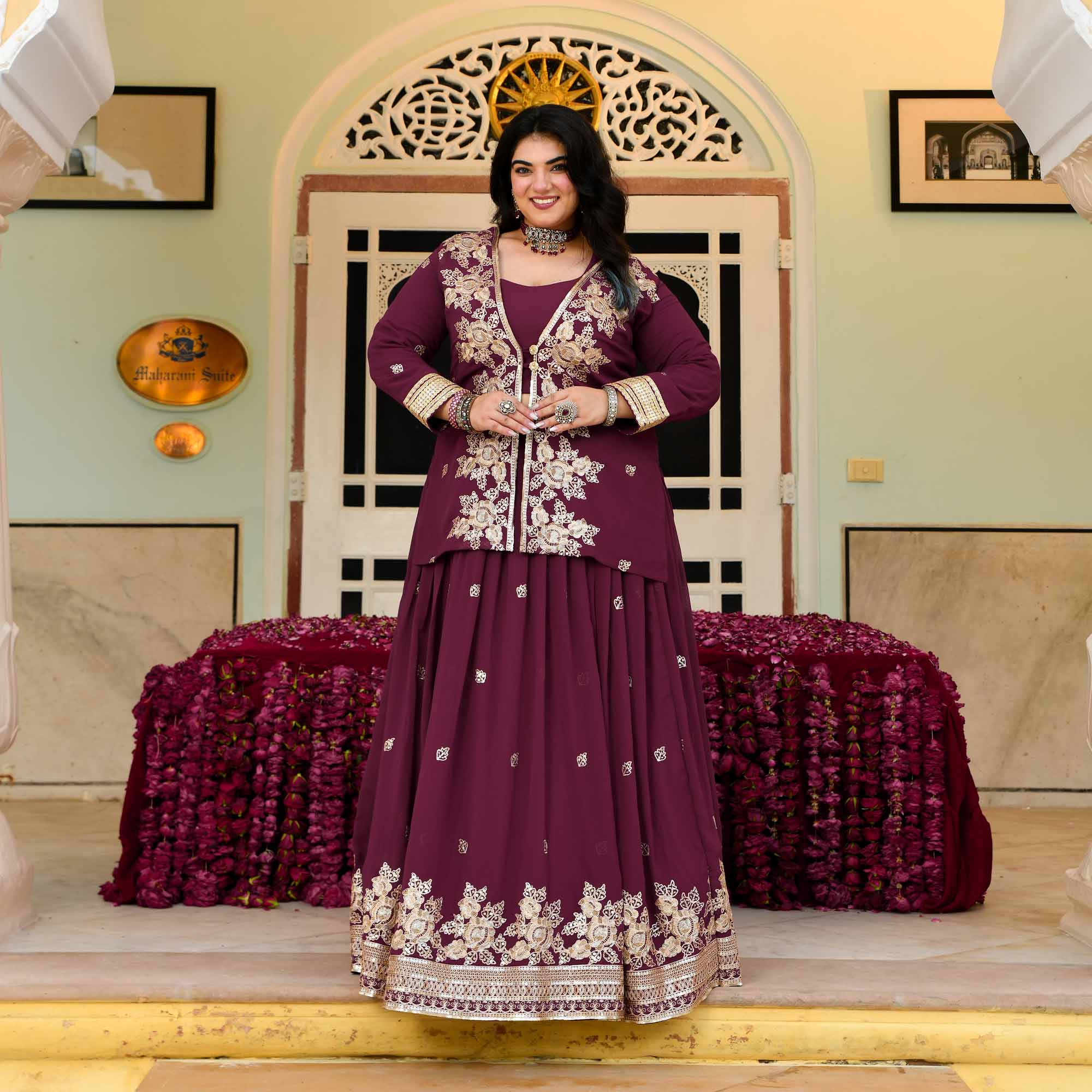 Gulab Jamun- Deep Wine Embroidered Georgette Cape Lehenga Set