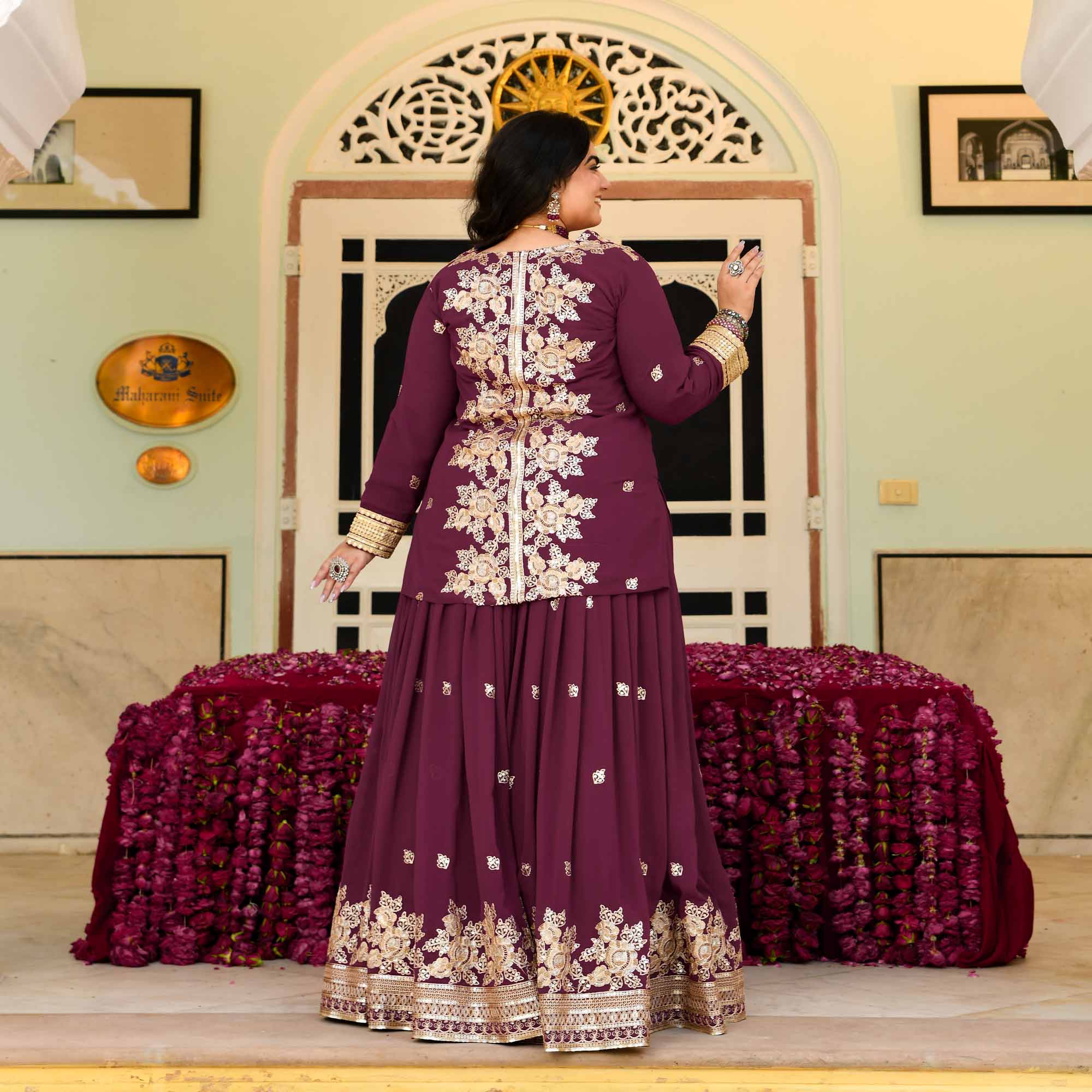 Gulab Jamun- Deep Wine Embroidered Georgette Cape Lehenga Set