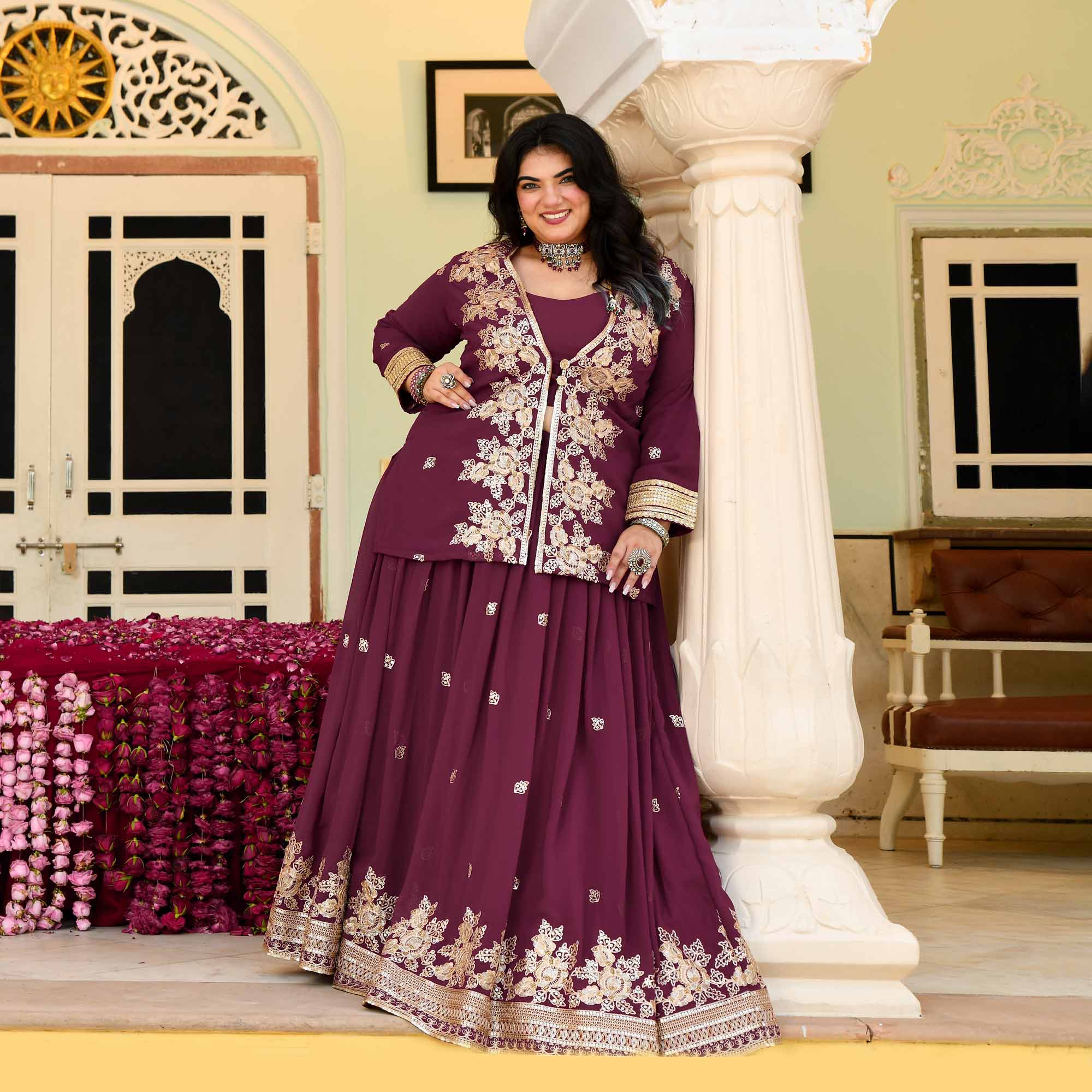 Gulab Jamun- Deep Wine Embroidered Georgette Cape Lehenga Set