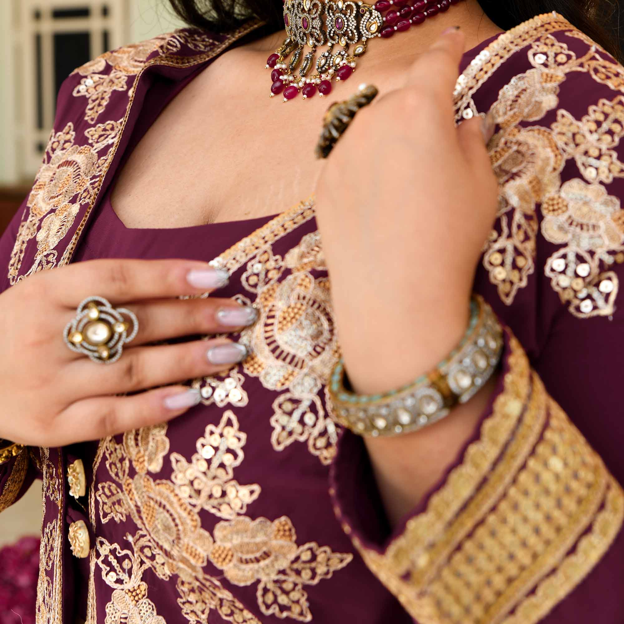 Gulab Jamun- Deep Wine Embroidered Georgette Cape Lehenga Set