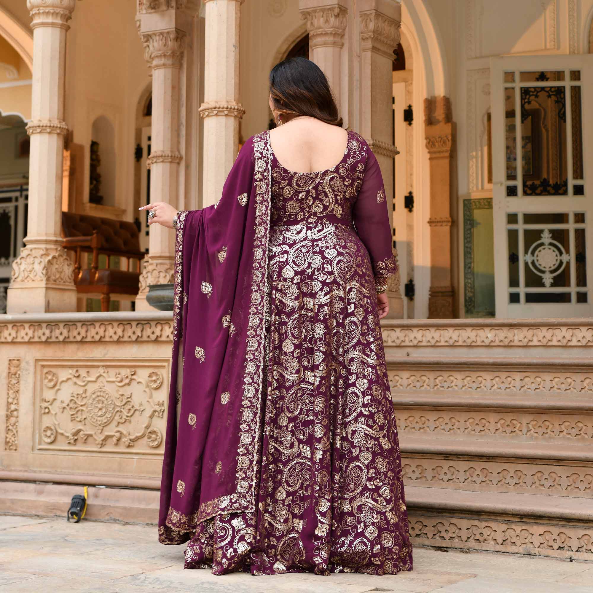 Noorani - Wine Georgette Sequin Embroidery Slit Anarkali Lehenga Set